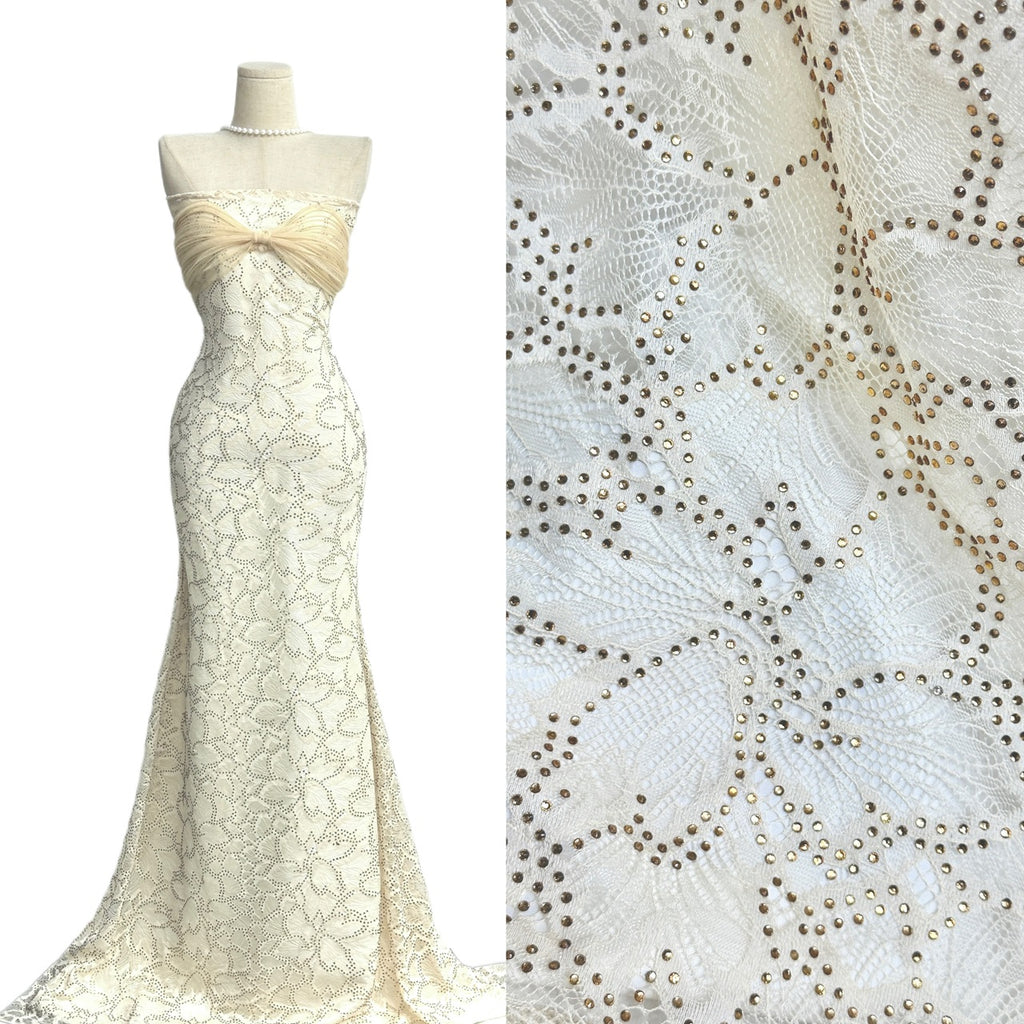 Gold Beaded Embroidered Lace Fabric Allover Floral Leaf Vine Tulle Lace for Wedding Bridal Evening Dress BLS6537#