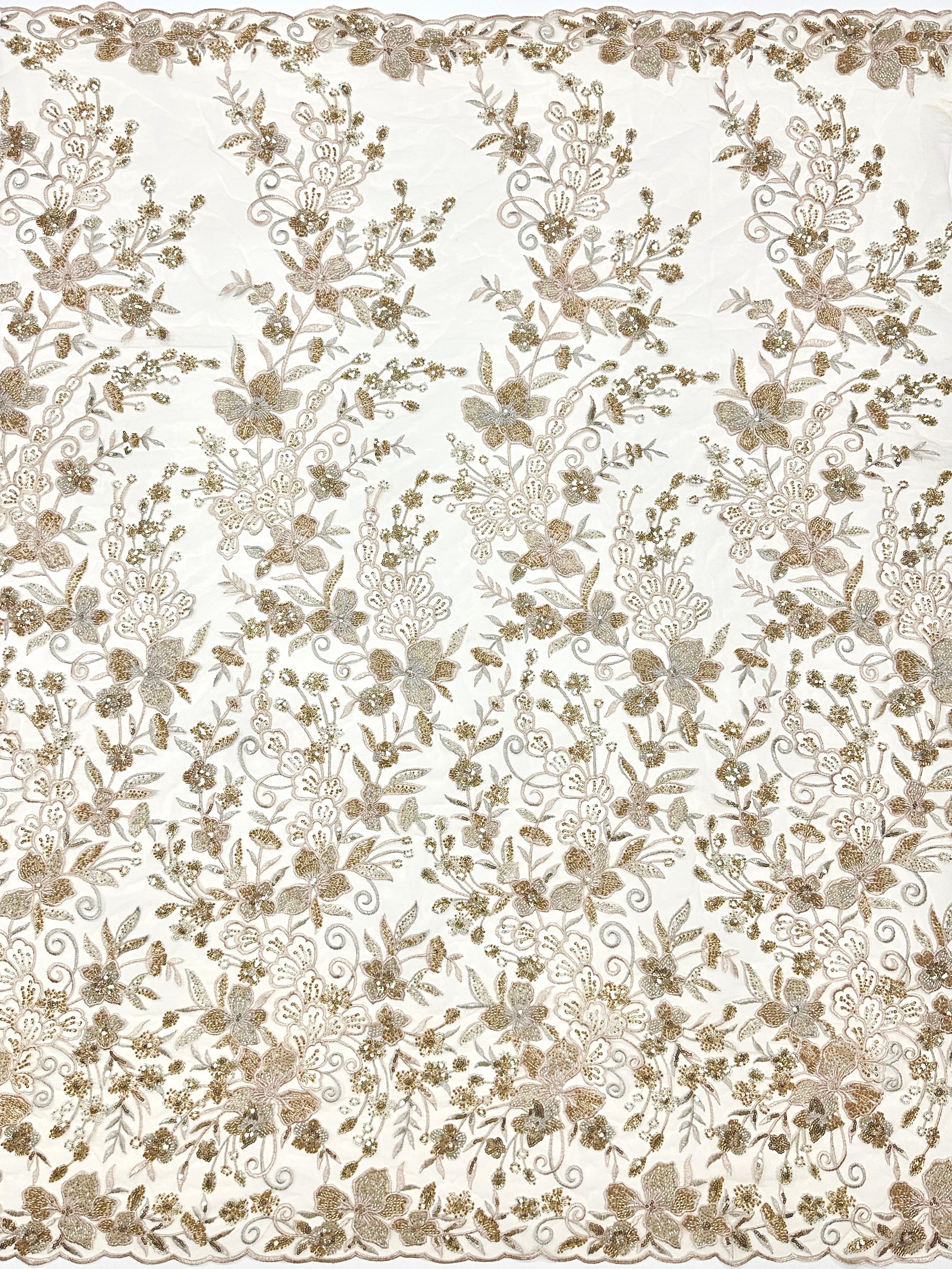 Sequined Beaded Embroidered Border Tulle Lace Fabric Leaf Vine Floral Scalloped Edge for Wedding Bridal Gowns BLS6542#