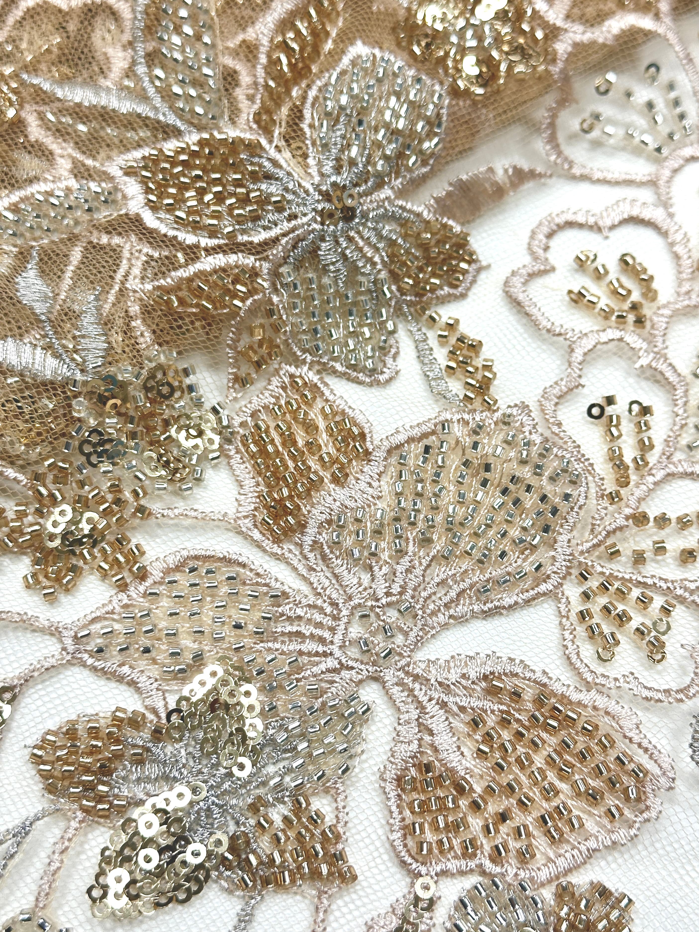 Sequined Beaded Embroidered Border Tulle Lace Fabric Leaf Vine Floral Scalloped Edge for Wedding Bridal Gowns BLS6542#