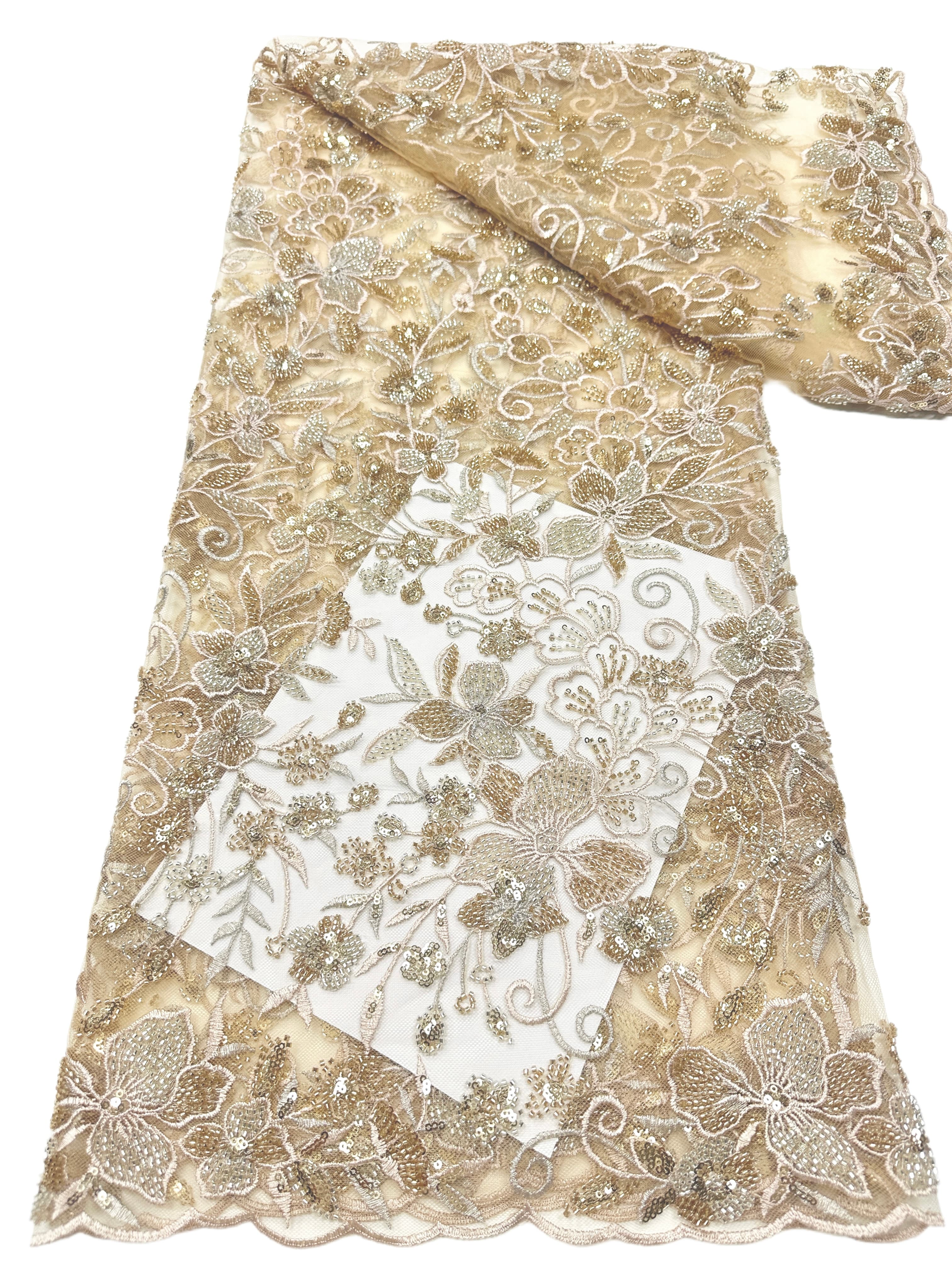 Sequined Beaded Embroidered Border Tulle Lace Fabric Leaf Vine Floral Scalloped Edge for Wedding Bridal Gowns BLS6542#