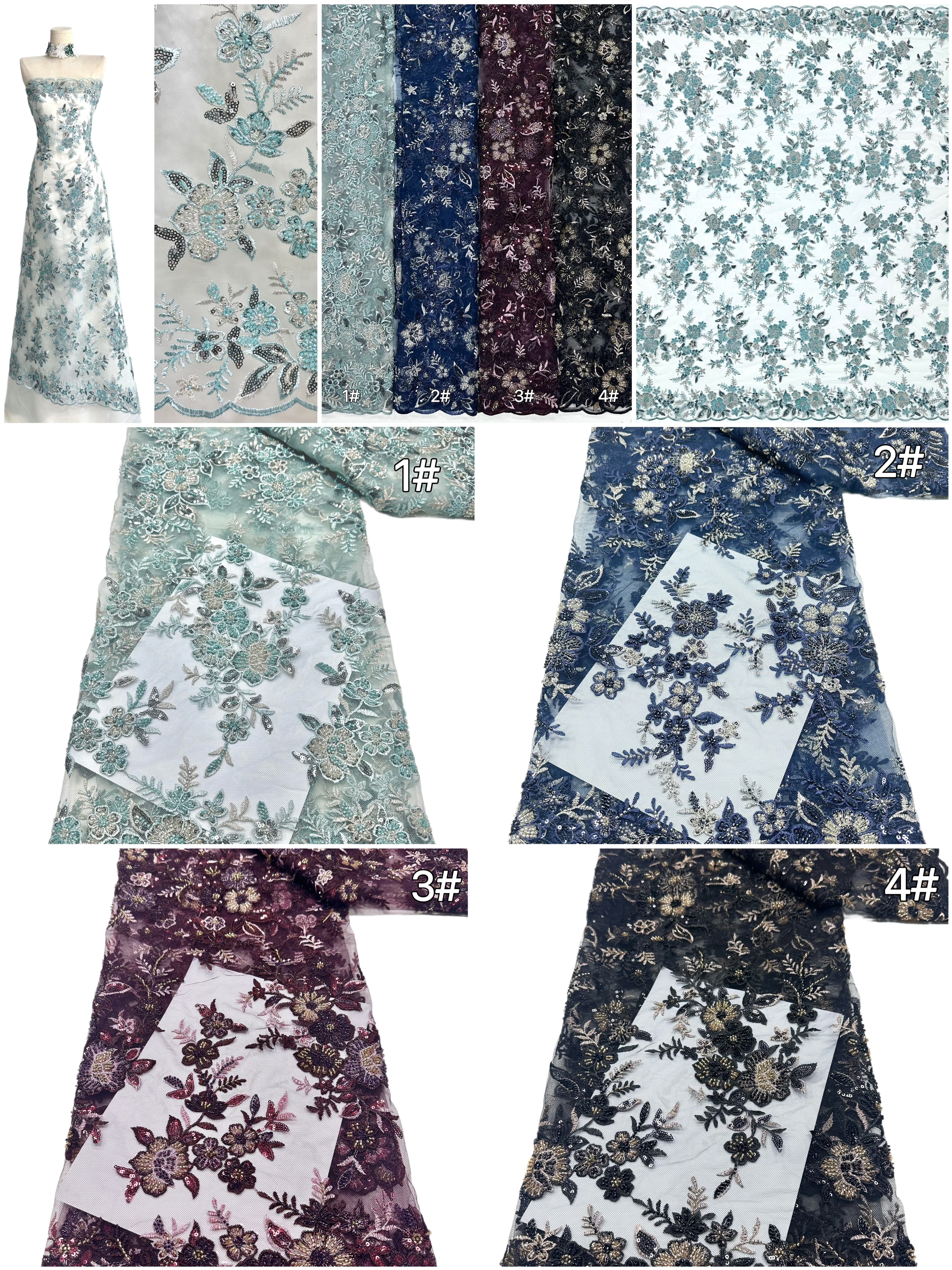 Sequined and Beaded Leaf Vine Border Mesh Lace Fabric with Scalloped Edge for Wedding Dresses and Bridal GownsBLS6543#