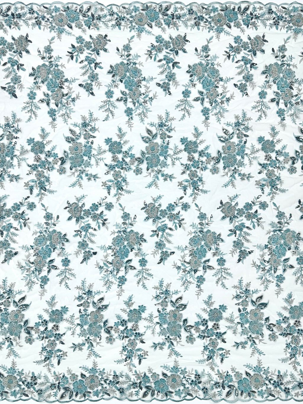 Sequined and Beaded Leaf Vine Border Mesh Lace Fabric with Scalloped Edge for Wedding Dresses and Bridal GownsBLS6543#