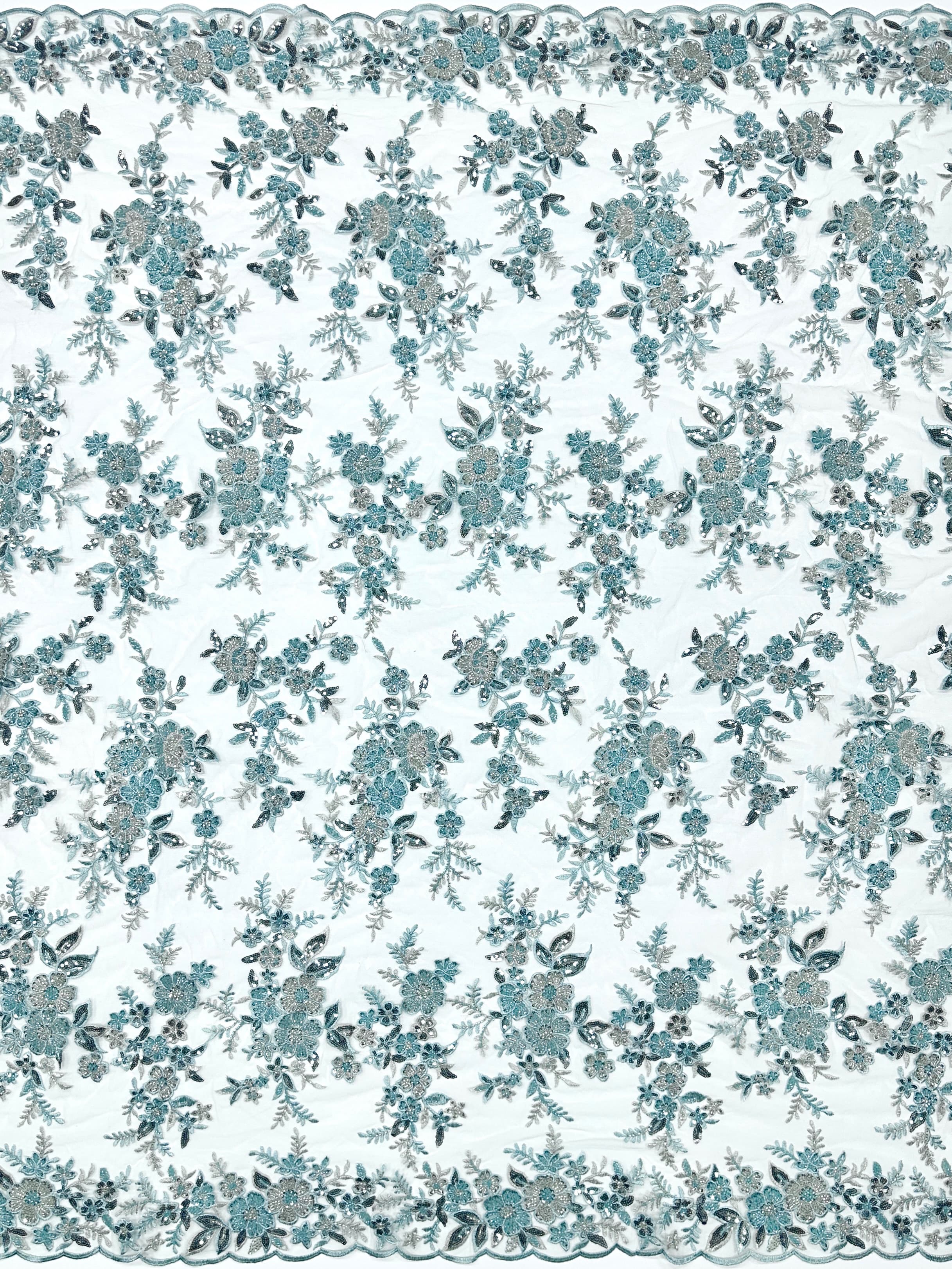 Sequined and Beaded Leaf Vine Border Mesh Lace Fabric with Scalloped Edge for Wedding Dresses and Bridal GownsBLS6543#
