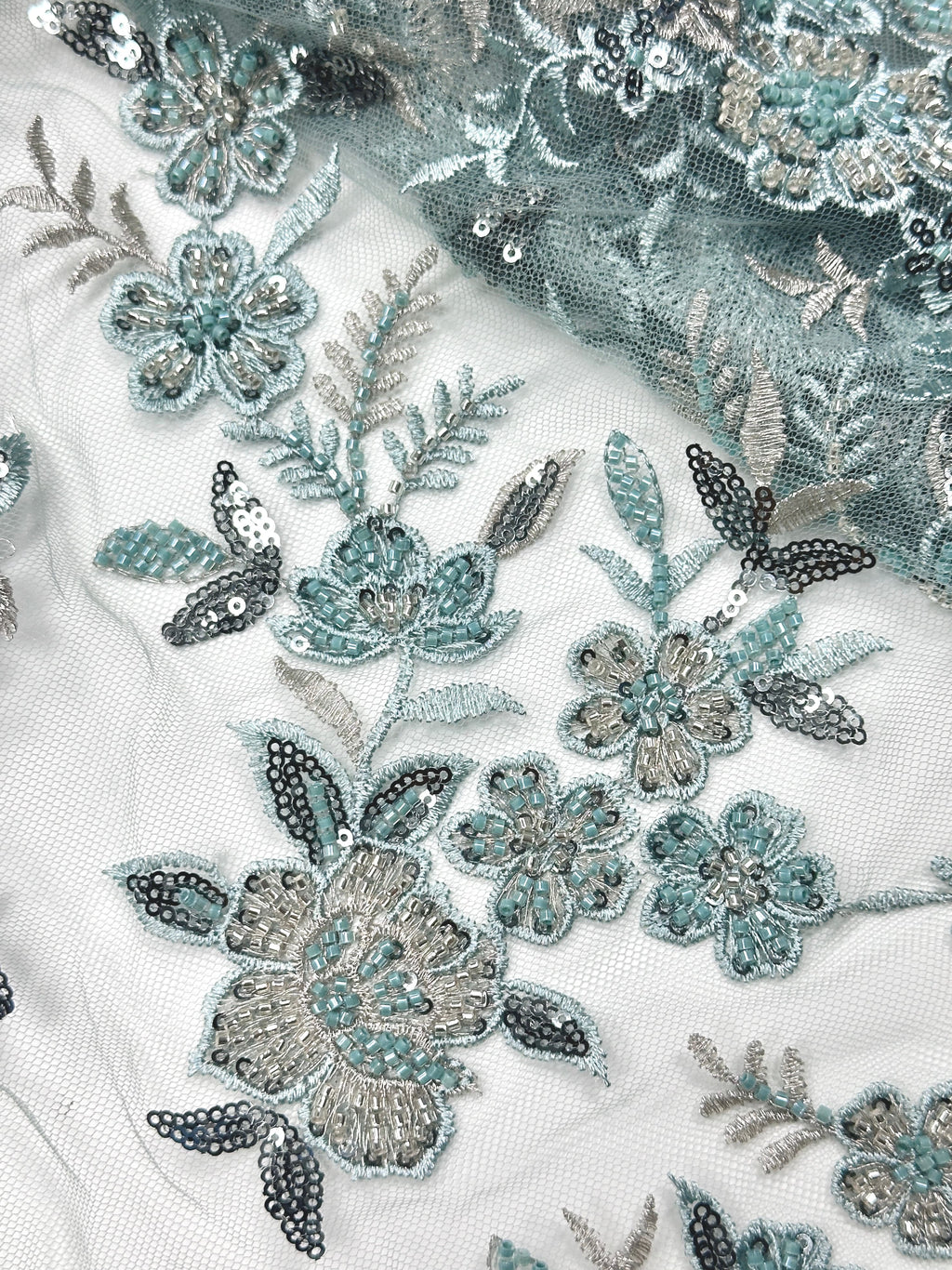 Sequined and Beaded Leaf Vine Border Mesh Lace Fabric with Scalloped Edge for Wedding Dresses and Bridal GownsBLS6543#