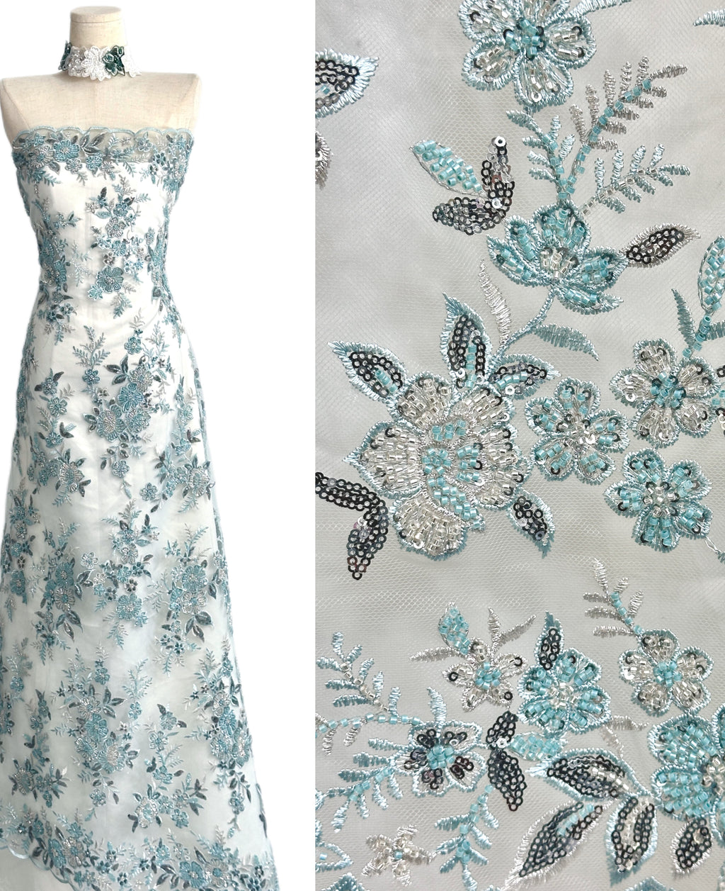 Sequined and Beaded Leaf Vine Border Mesh Lace Fabric with Scalloped Edge for Wedding Dresses and Bridal GownsBLS6543#