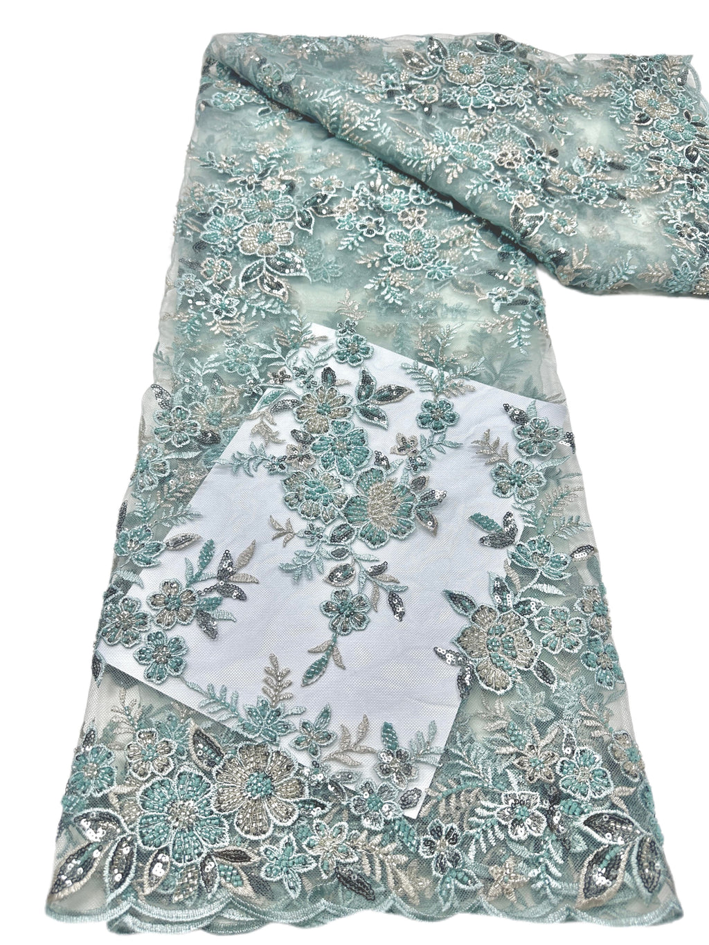 Sequined and Beaded Leaf Vine Border Mesh Lace Fabric with Scalloped Edge for Wedding Dresses and Bridal GownsBLS6543#