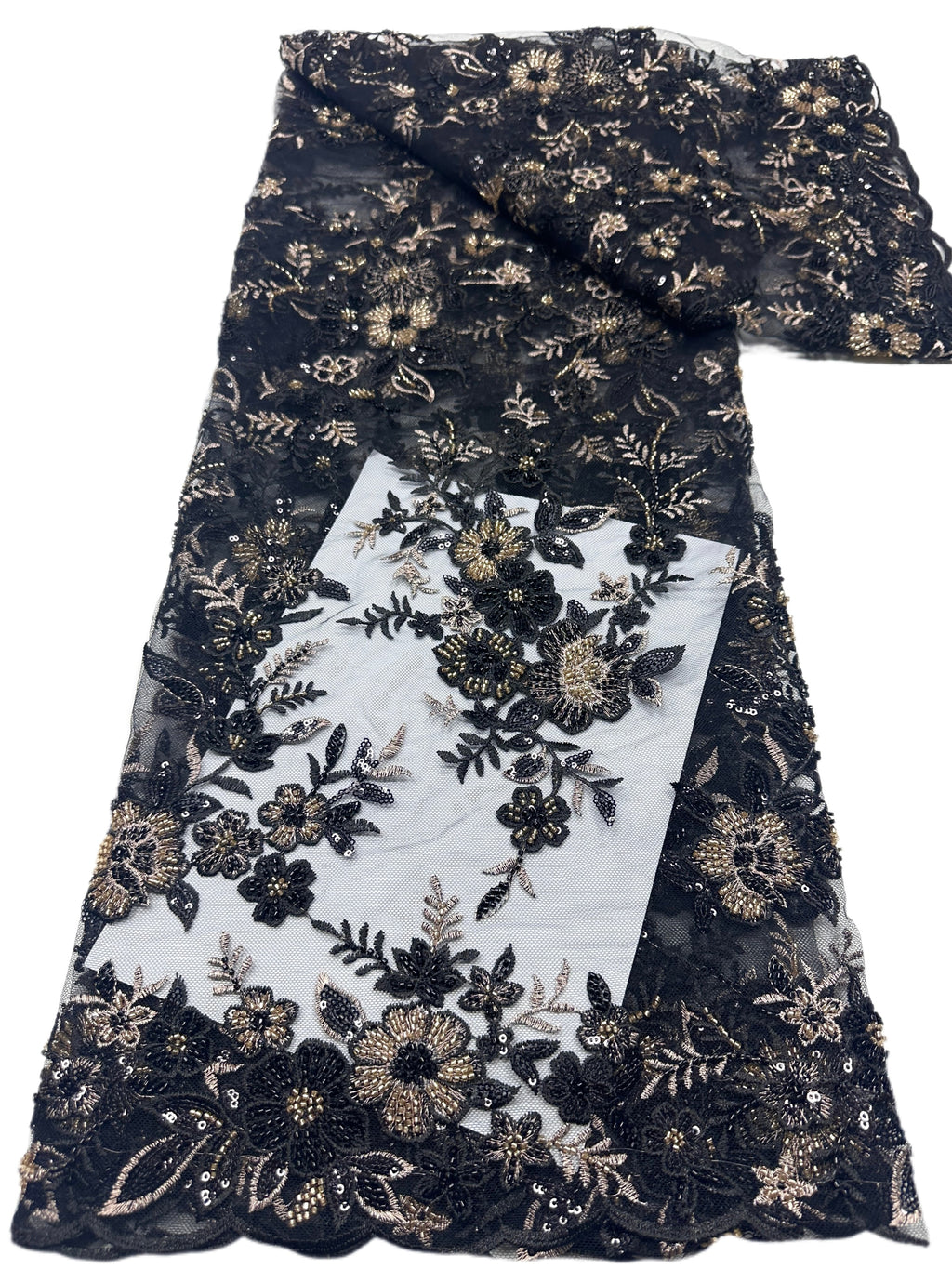 Sequined and Beaded Leaf Vine Border Mesh Lace Fabric with Scalloped Edge for Wedding Dresses and Bridal GownsBLS6543#