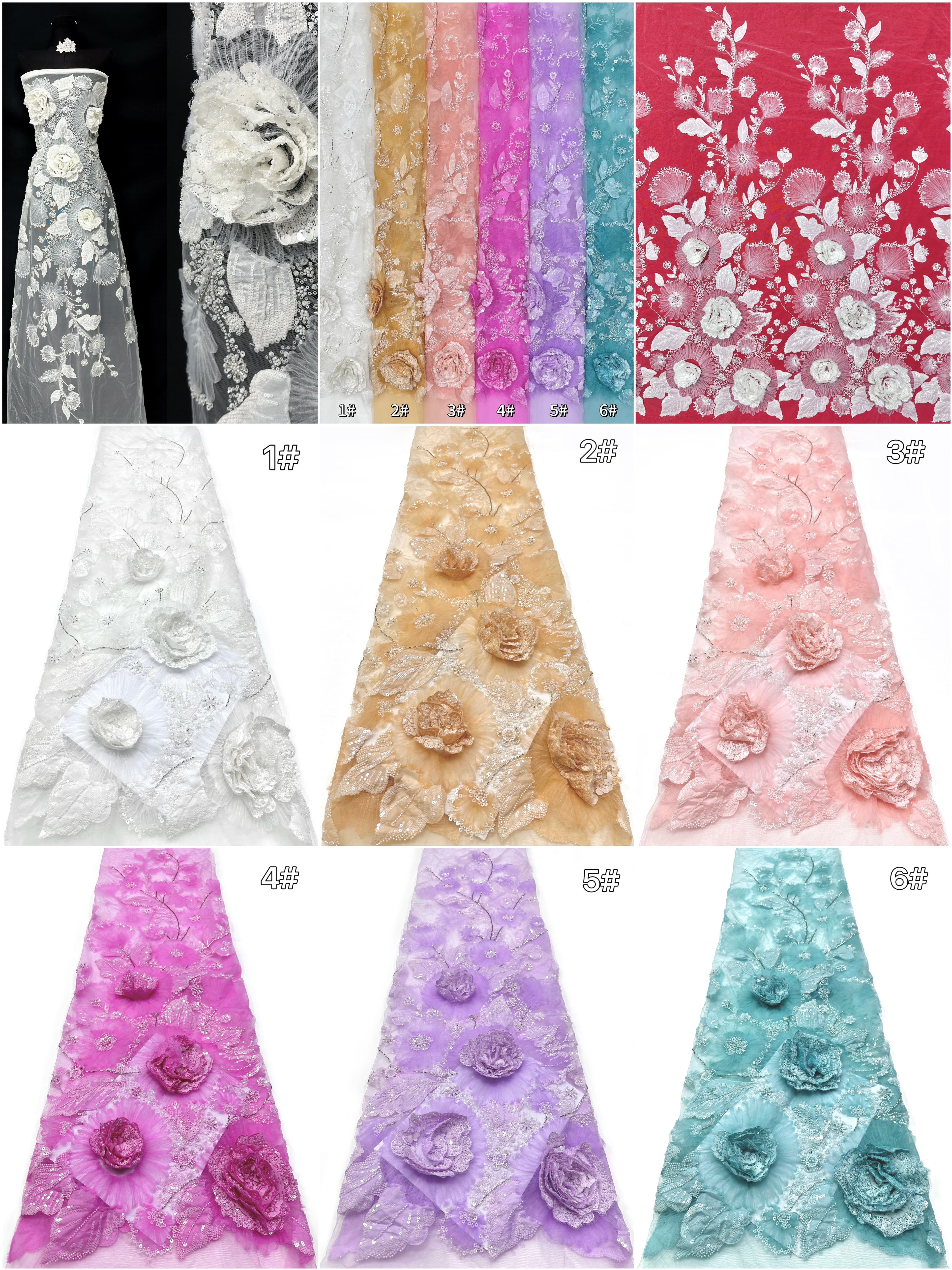 3D Rose Sequined Beaded Vertical Floral Mesh Lace Fabric For Wedding Bridal Evening GownsBLS6545#