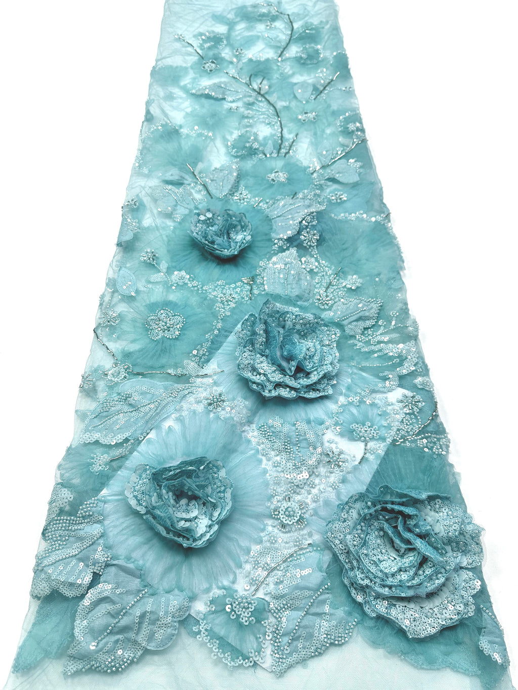 3D Rose Sequined Beaded Vertical Floral Mesh Lace Fabric For Wedding Bridal Evening GownsBLS6545#