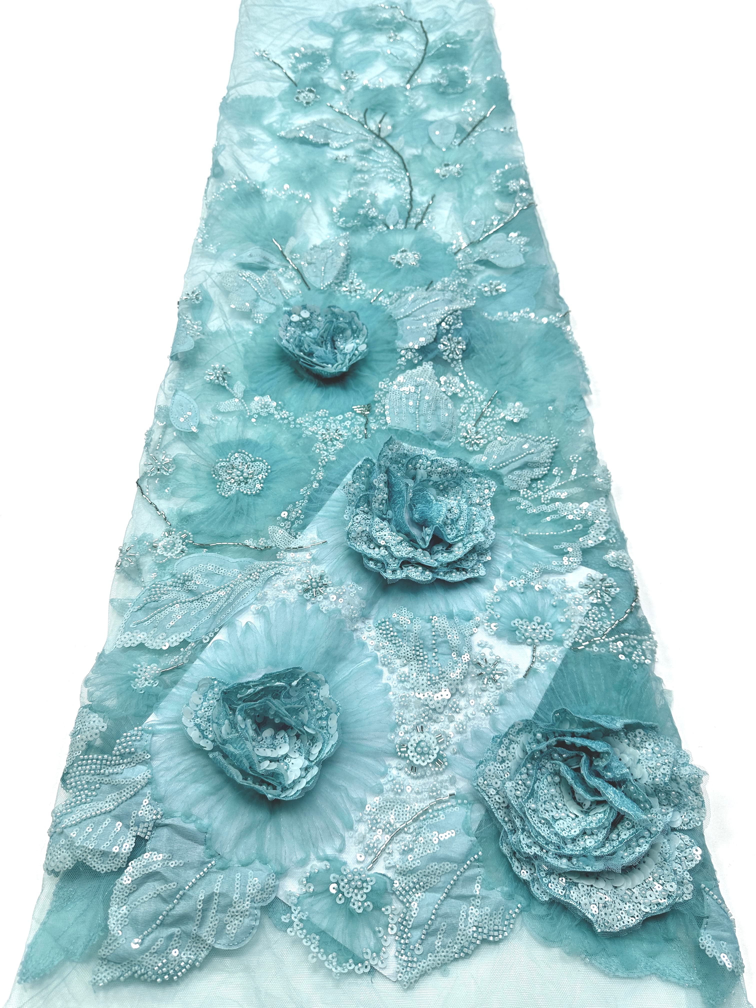 3D Rose Sequined Beaded Vertical Floral Mesh Lace Fabric For Wedding Bridal Evening GownsBLS6545#