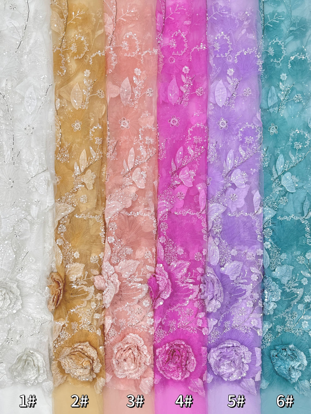 3D Rose Sequined Beaded Vertical Floral Mesh Lace Fabric For Wedding Bridal Evening GownsBLS6545#