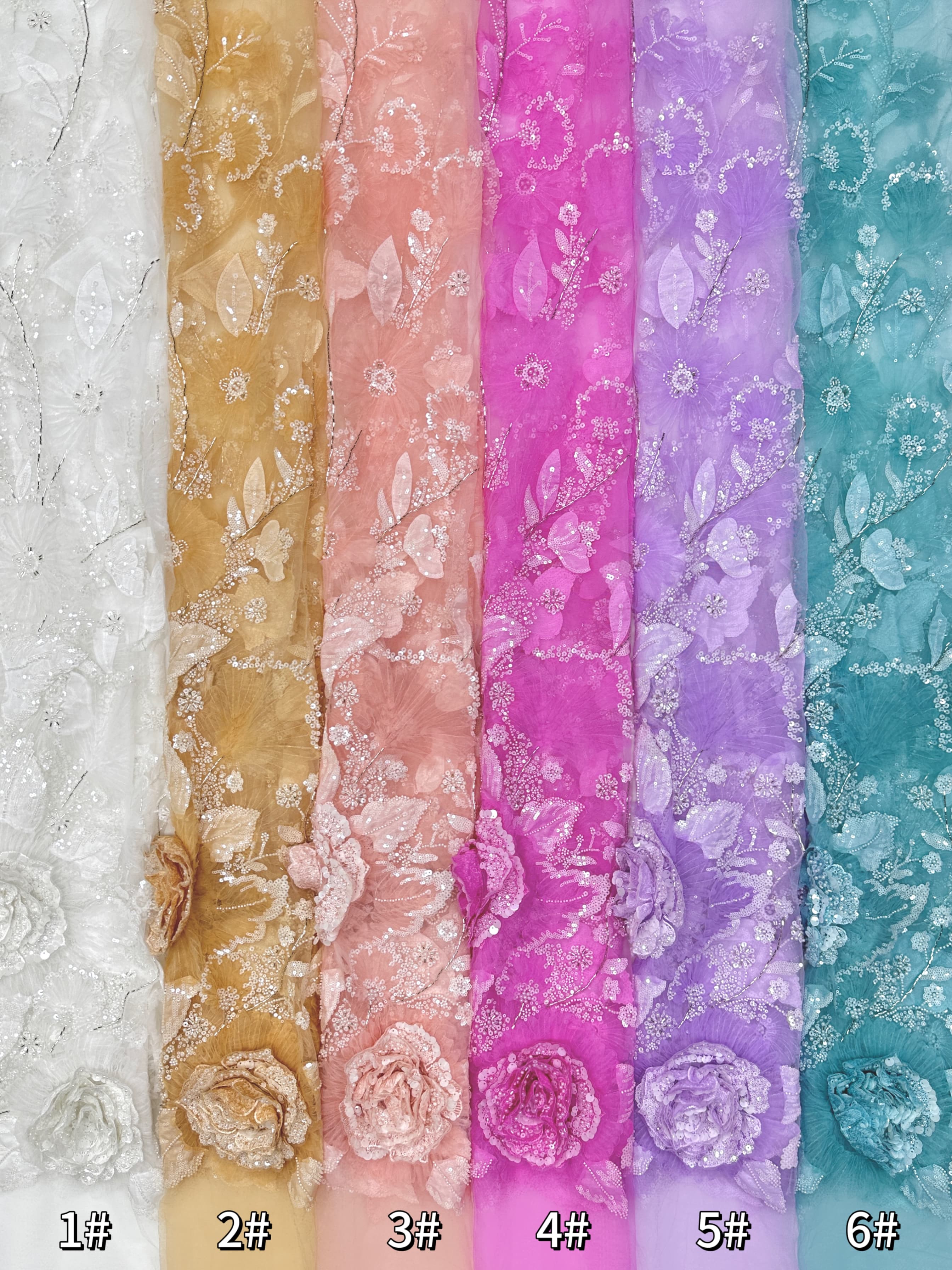 3D Rose Sequined Beaded Vertical Floral Mesh Lace Fabric For Wedding Bridal Evening GownsBLS6545#
