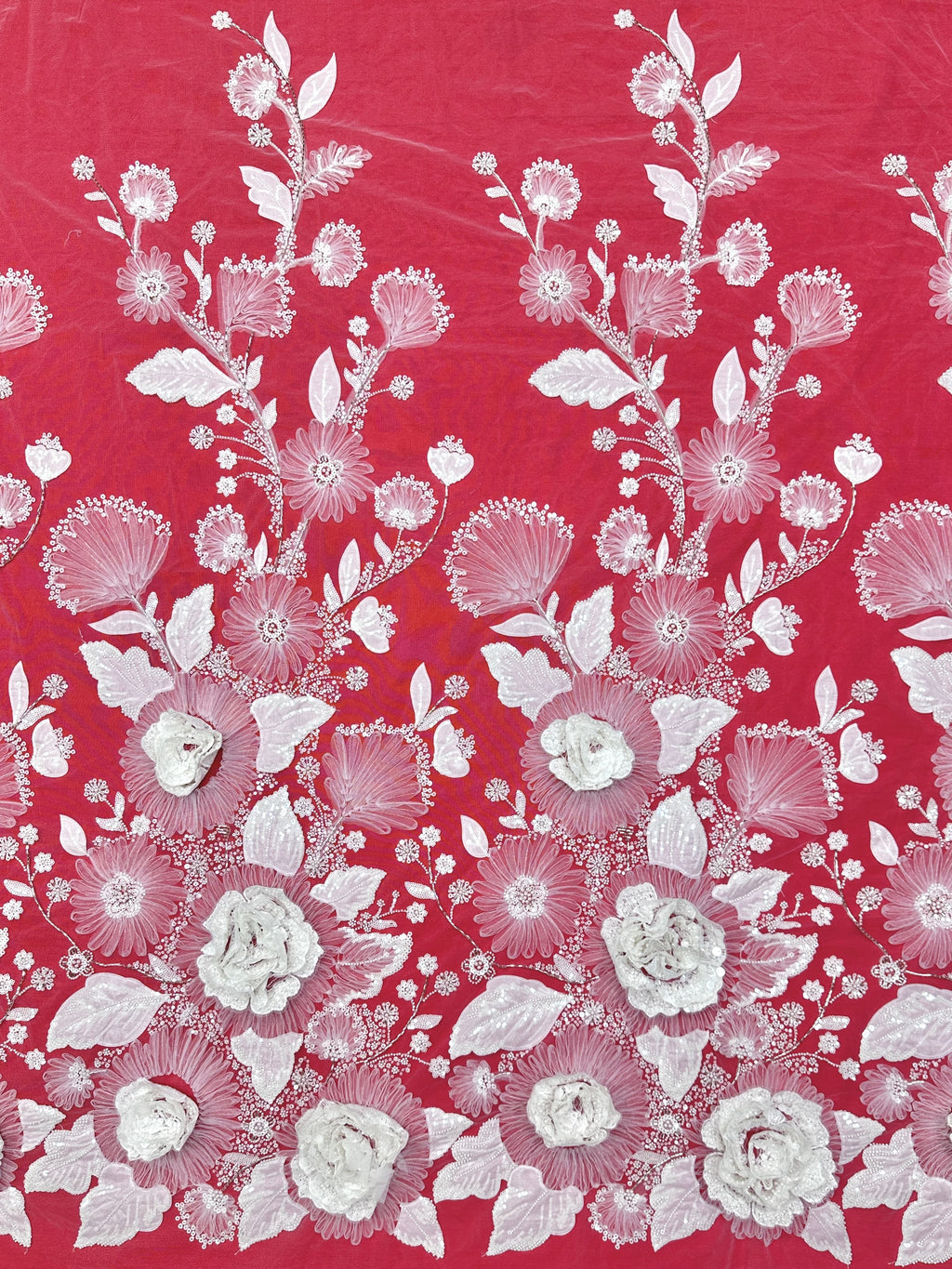 3D Rose Sequined Beaded Vertical Floral Mesh Lace Fabric For Wedding Bridal Evening GownsBLS6545#
