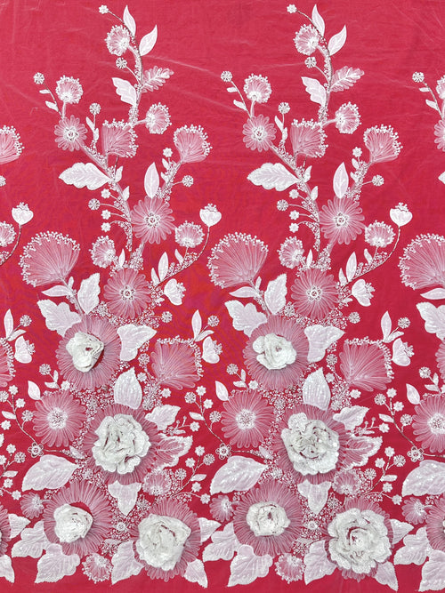 3D Rose Sequined Beaded Vertical Floral Mesh Lace Fabric For Wedding Bridal Evening GownsBLS6545#