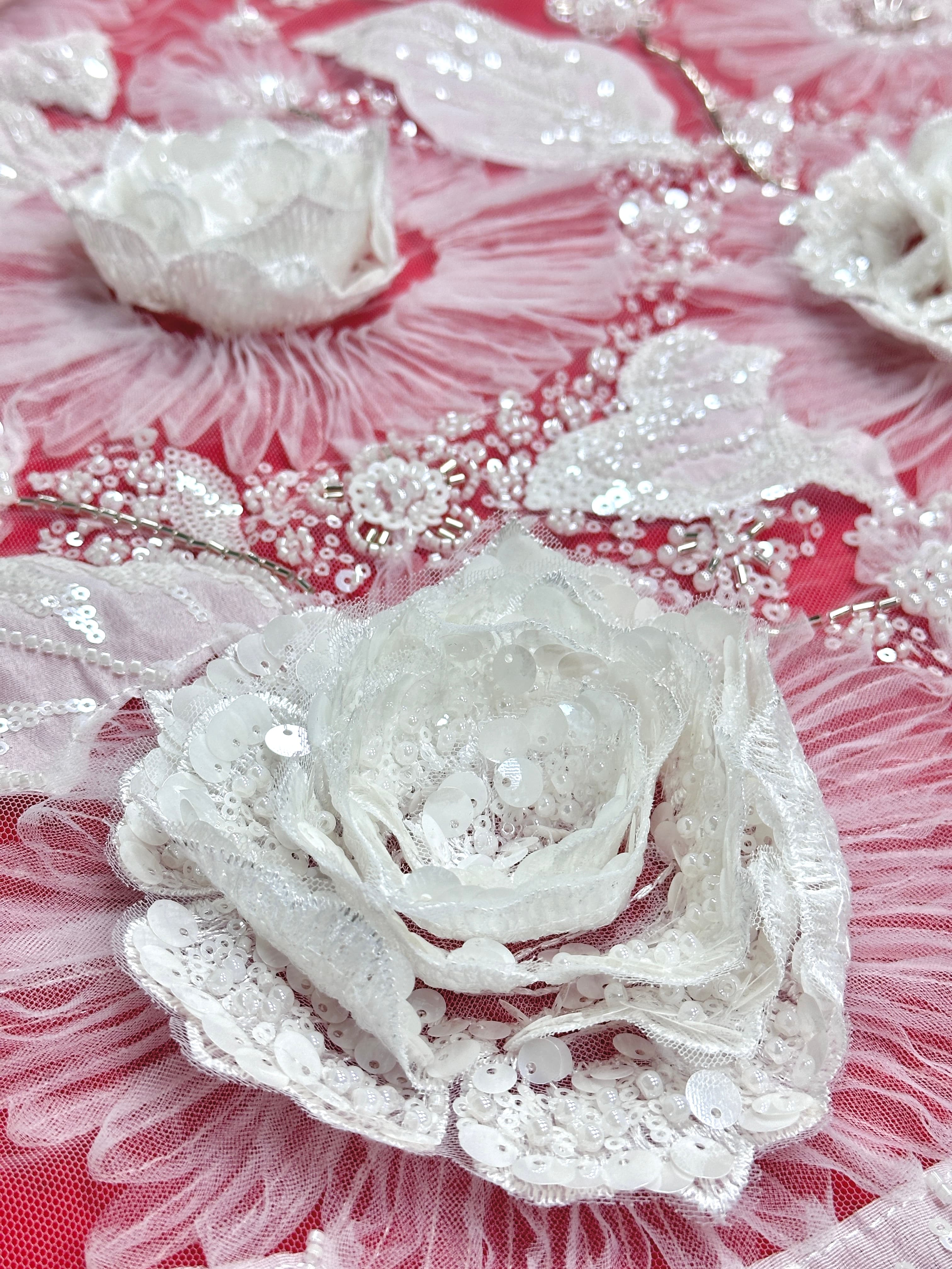 3D Rose Sequined Beaded Vertical Floral Mesh Lace Fabric For Wedding Bridal Evening GownsBLS6545#