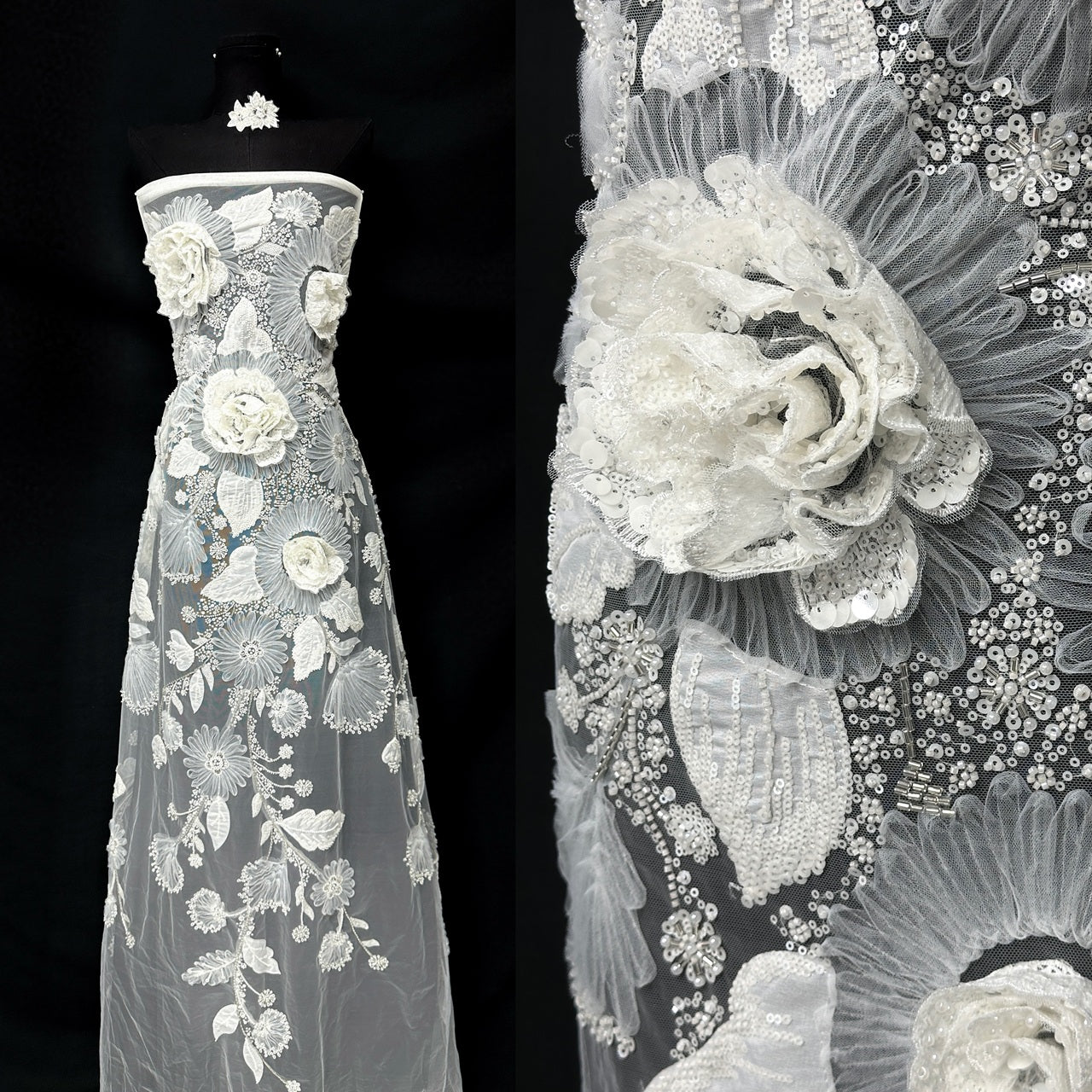 3D Rose Sequined Beaded Vertical Floral Mesh Lace Fabric For Wedding Bridal Evening GownsBLS6545#