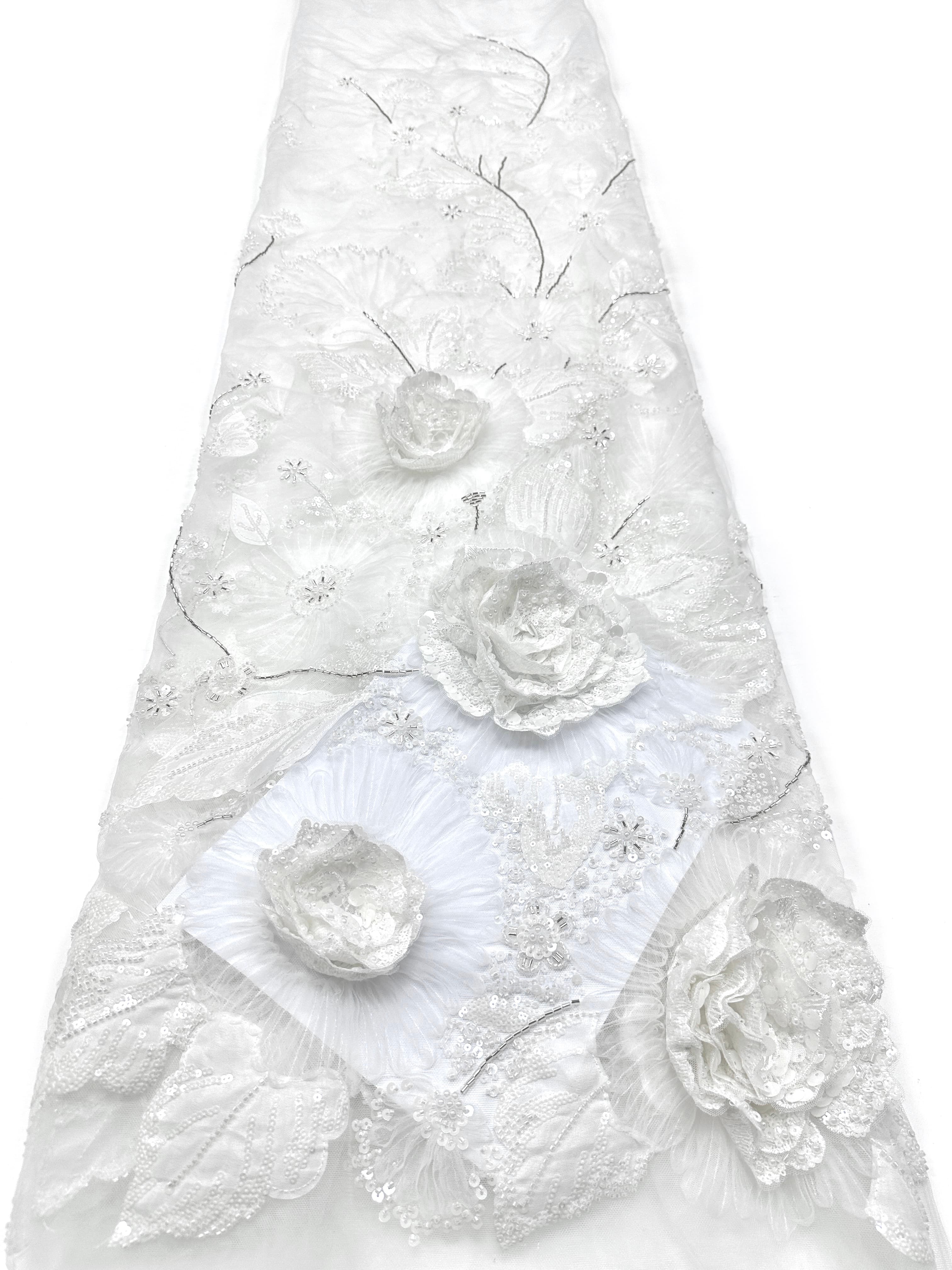 3D Rose Sequined Beaded Vertical Floral Mesh Lace Fabric For Wedding Bridal Evening GownsBLS6545#