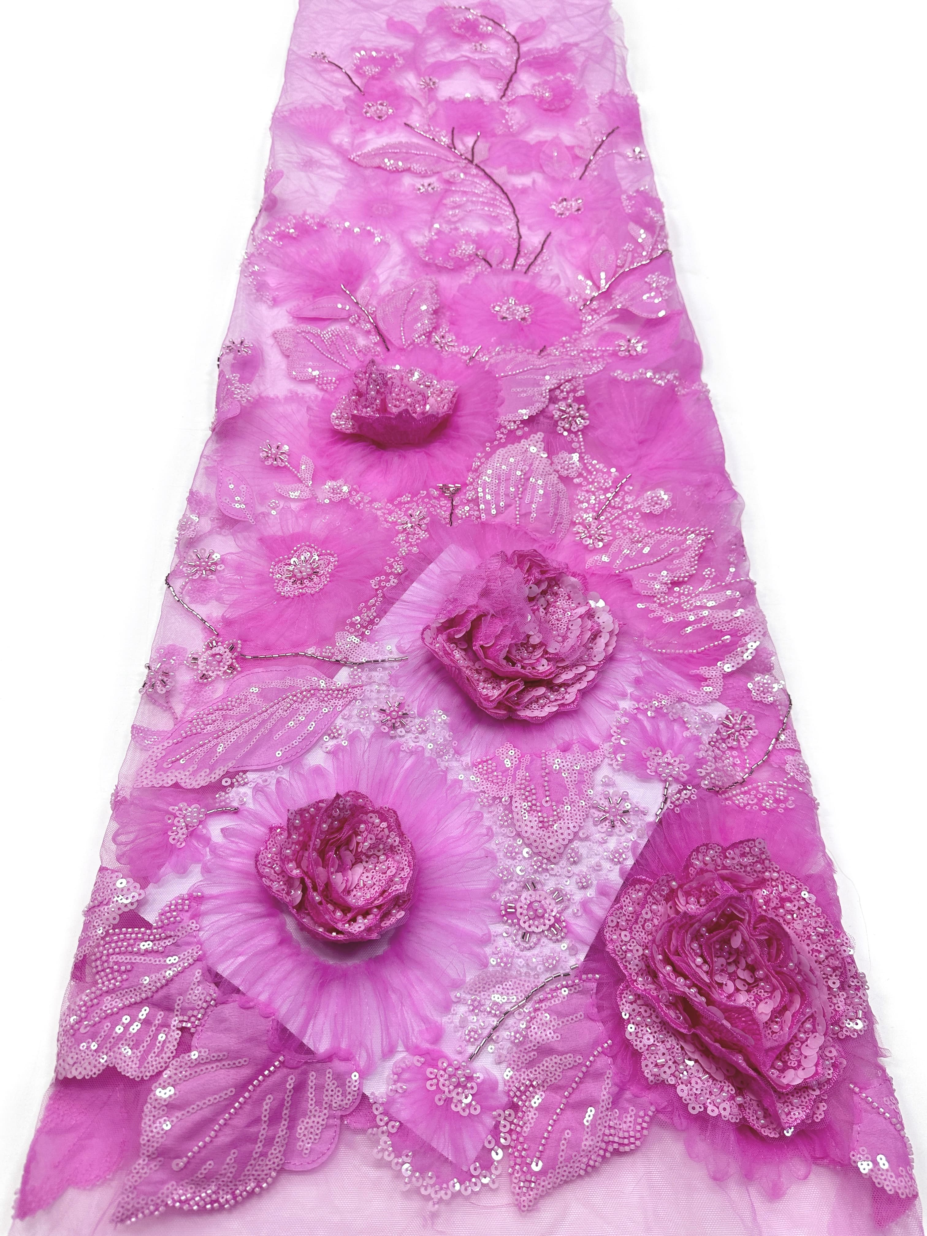 3D Rose Sequined Beaded Vertical Floral Mesh Lace Fabric For Wedding Bridal Evening GownsBLS6545#
