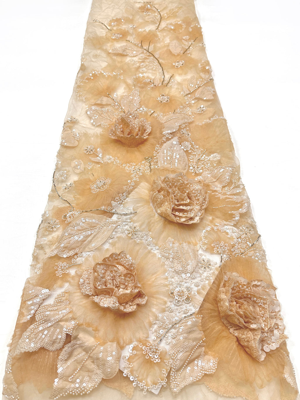 3D Rose Sequined Beaded Vertical Floral Mesh Lace Fabric For Wedding Bridal Evening GownsBLS6545#