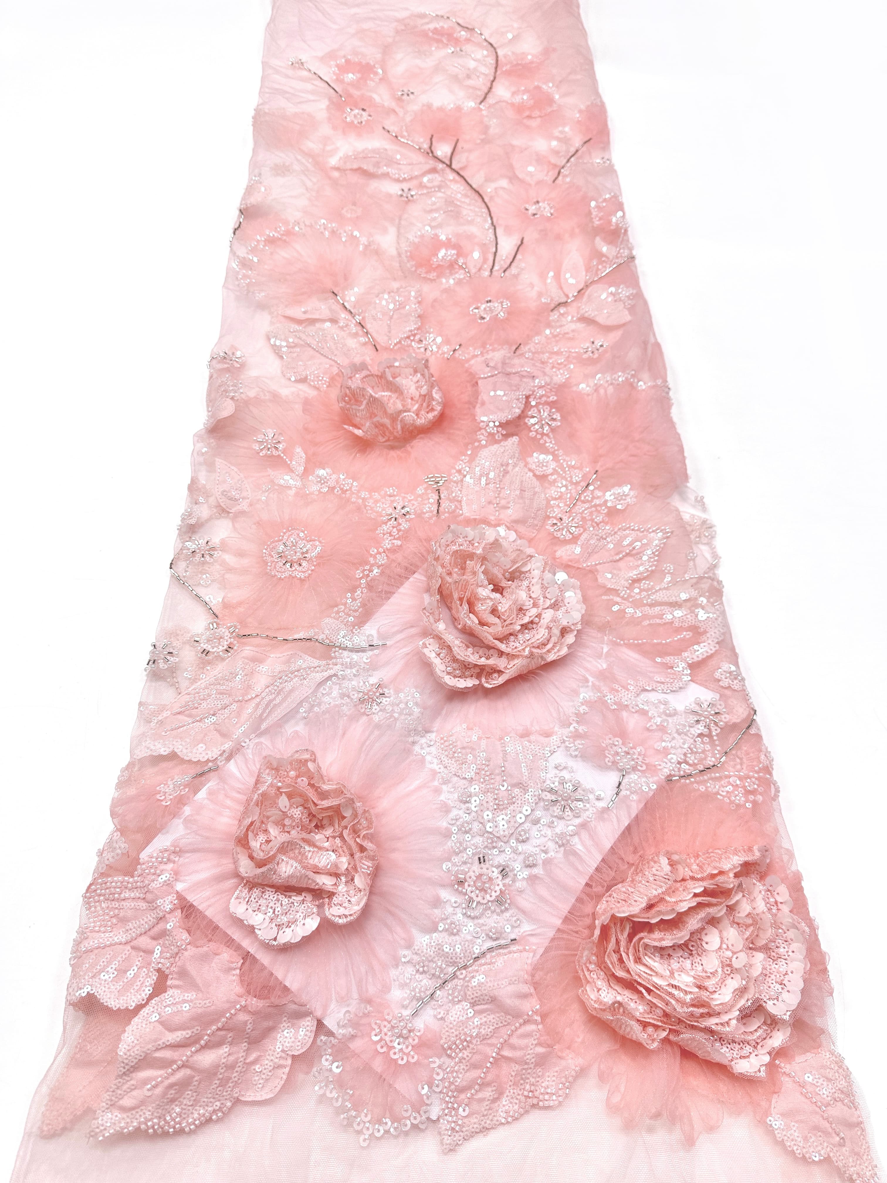 3D Rose Sequined Beaded Vertical Floral Mesh Lace Fabric For Wedding Bridal Evening GownsBLS6545#