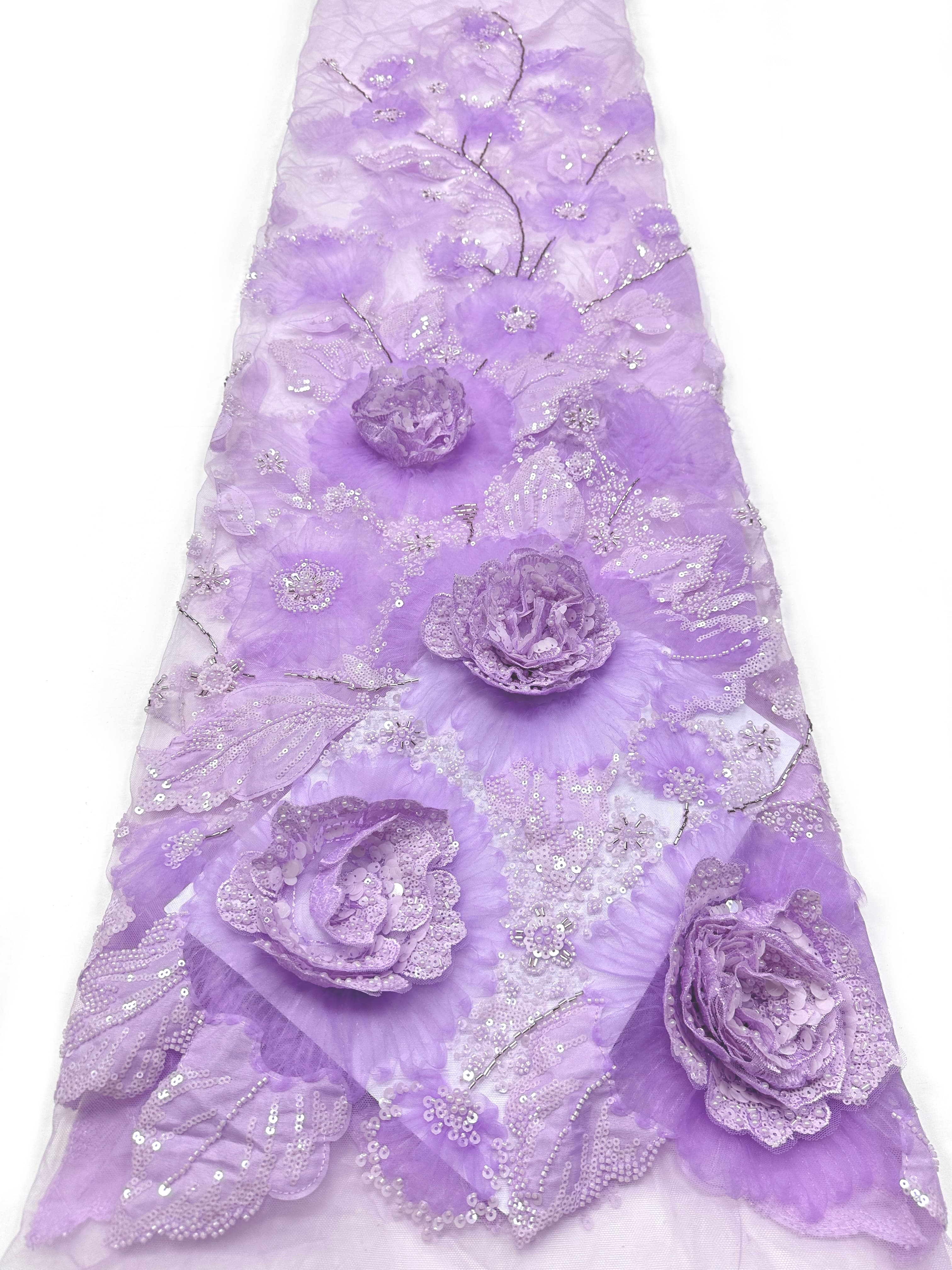 3D Rose Sequined Beaded Vertical Floral Mesh Lace Fabric For Wedding Bridal Evening GownsBLS6545#