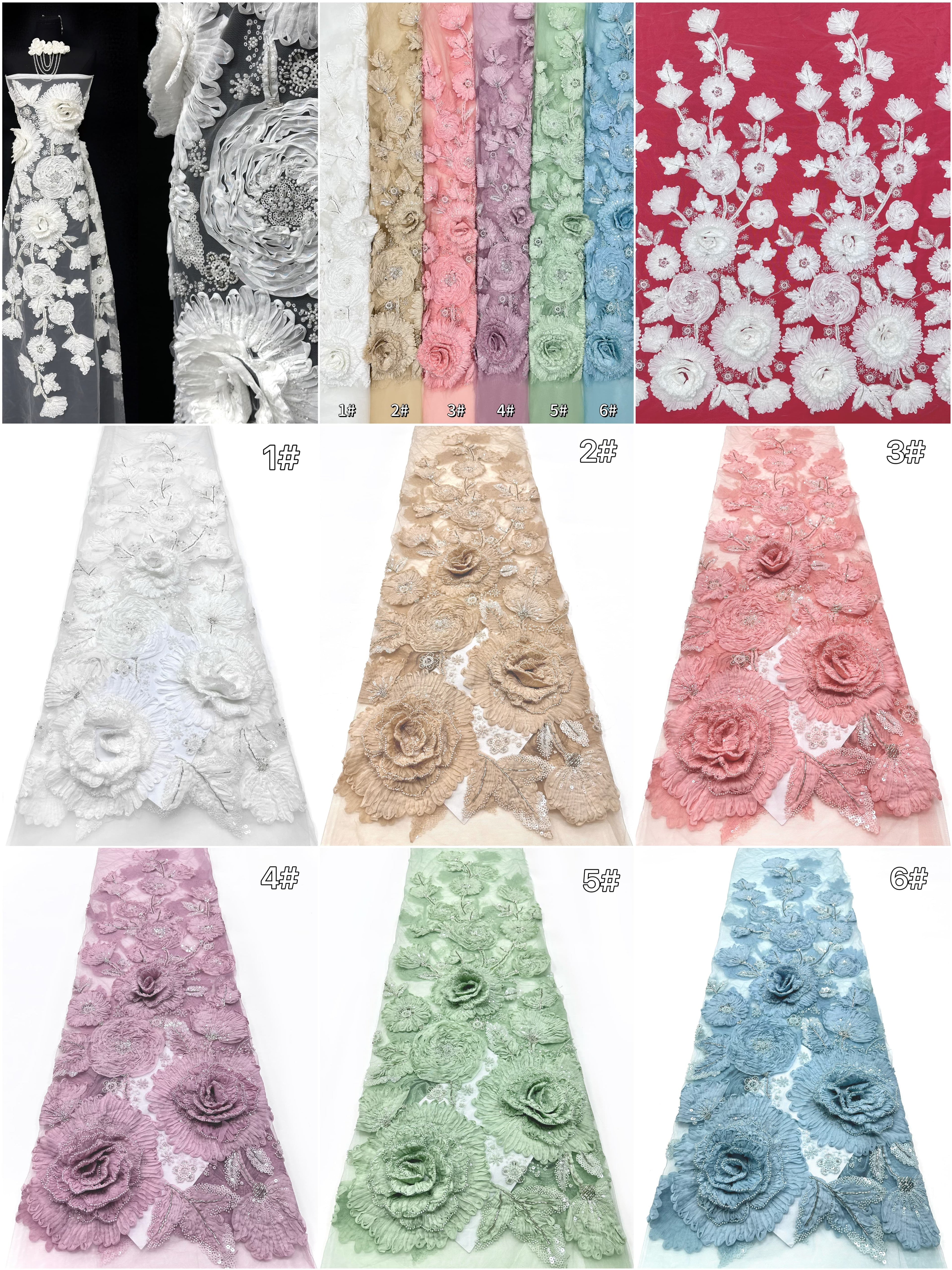 3D Ruffle Flower Sequined Beaded Floral Mesh Lace Fabric For Wedding Bridal Evening Gowns BLS6546#
