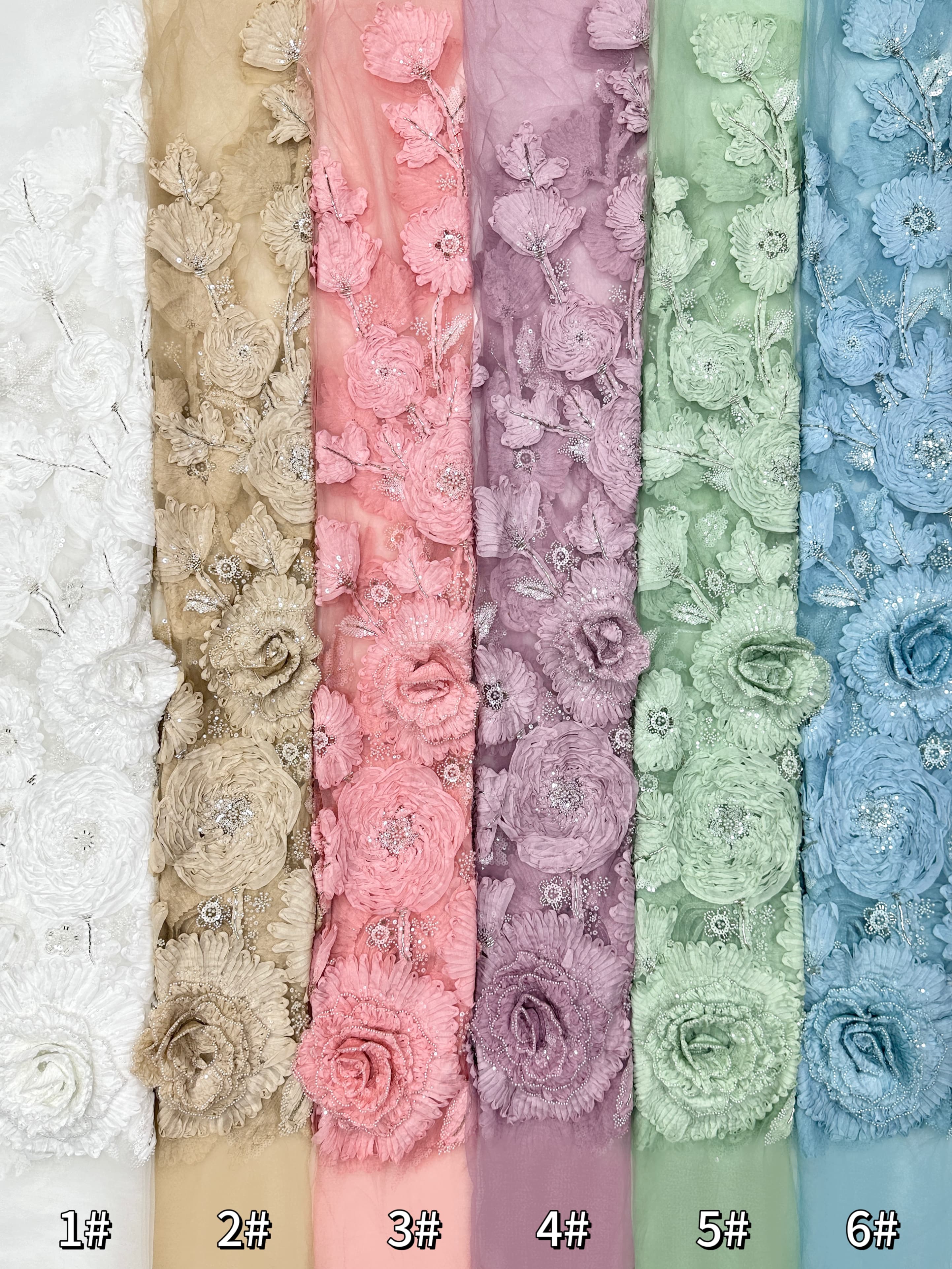 3D Ruffle Flower Sequined Beaded Floral Mesh Lace Fabric For Wedding Bridal Evening Gowns BLS6546#