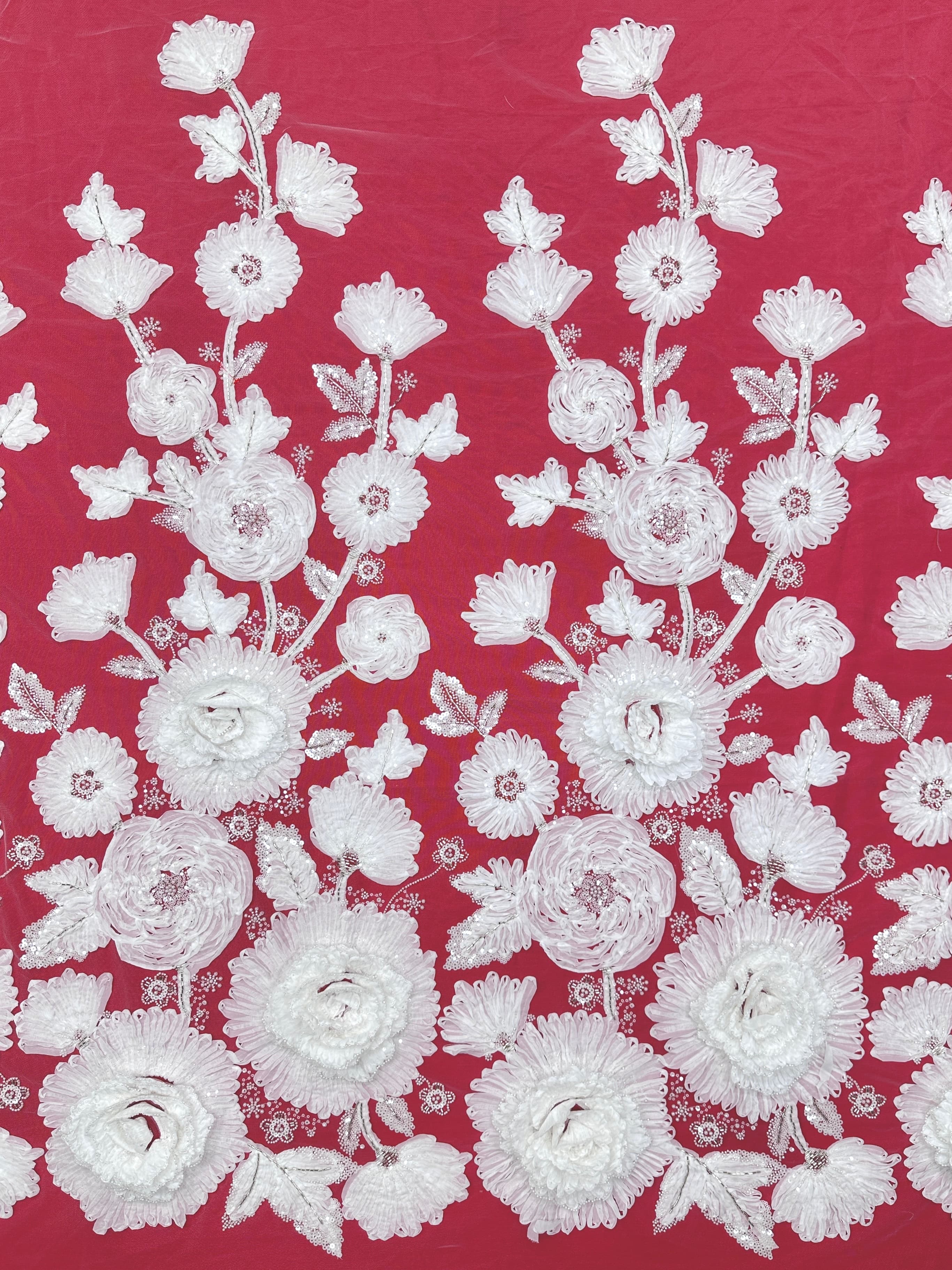 3D Ruffle Flower Sequined Beaded Floral Mesh Lace Fabric For Wedding Bridal Evening Gowns BLS6546#