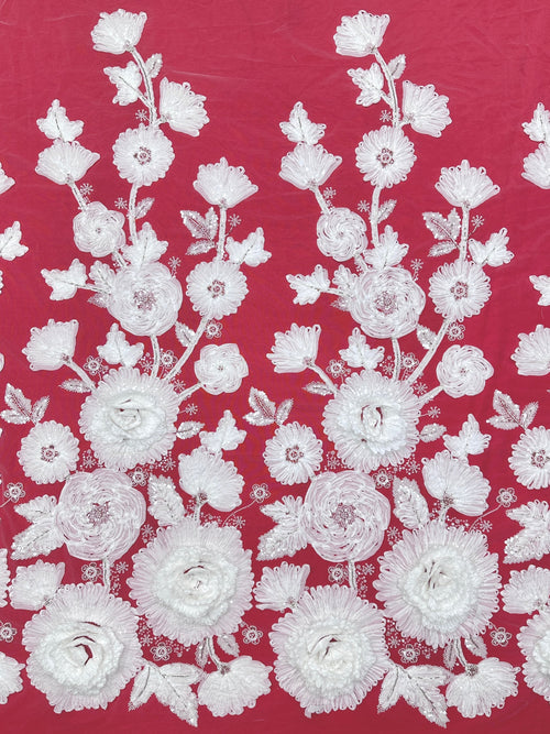 3D Ruffle Flower Sequined Beaded Floral Mesh Lace Fabric For Wedding Bridal Evening Gowns BLS6546#