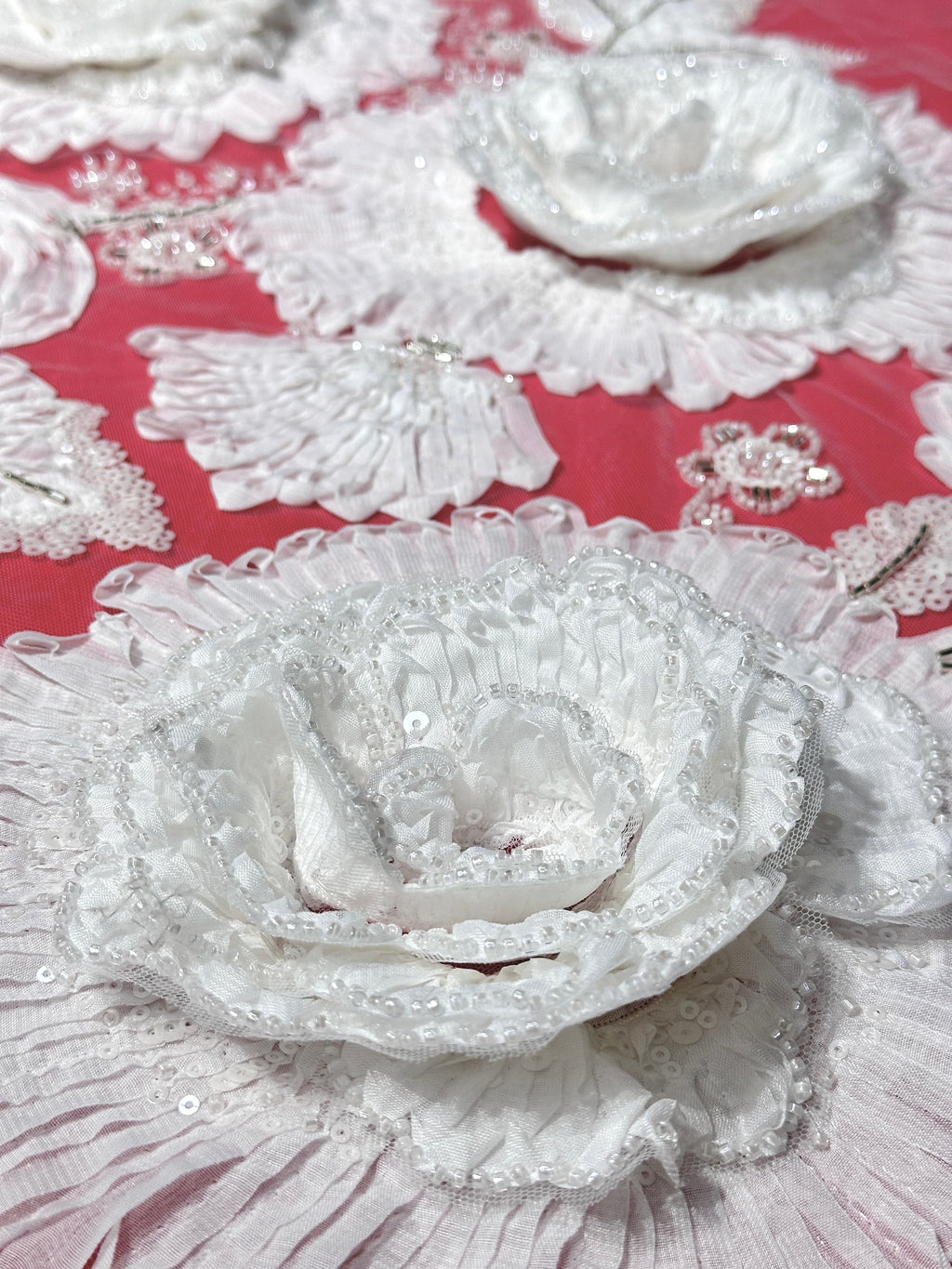 3D Ruffle Flower Sequined Beaded Floral Mesh Lace Fabric For Wedding Bridal Evening Gowns BLS6546#