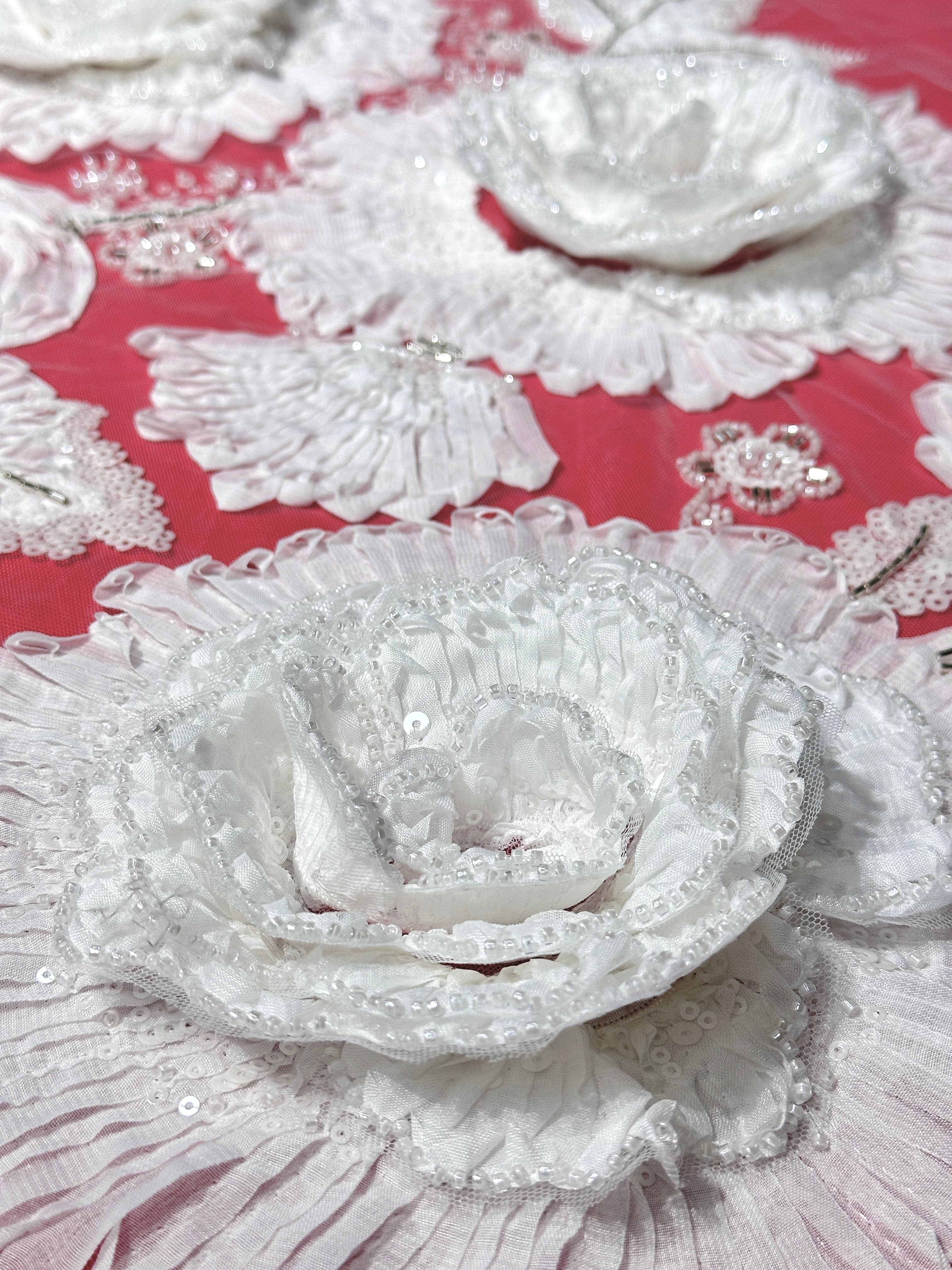 3D Ruffle Flower Sequined Beaded Floral Mesh Lace Fabric For Wedding Bridal Evening Gowns BLS6546#