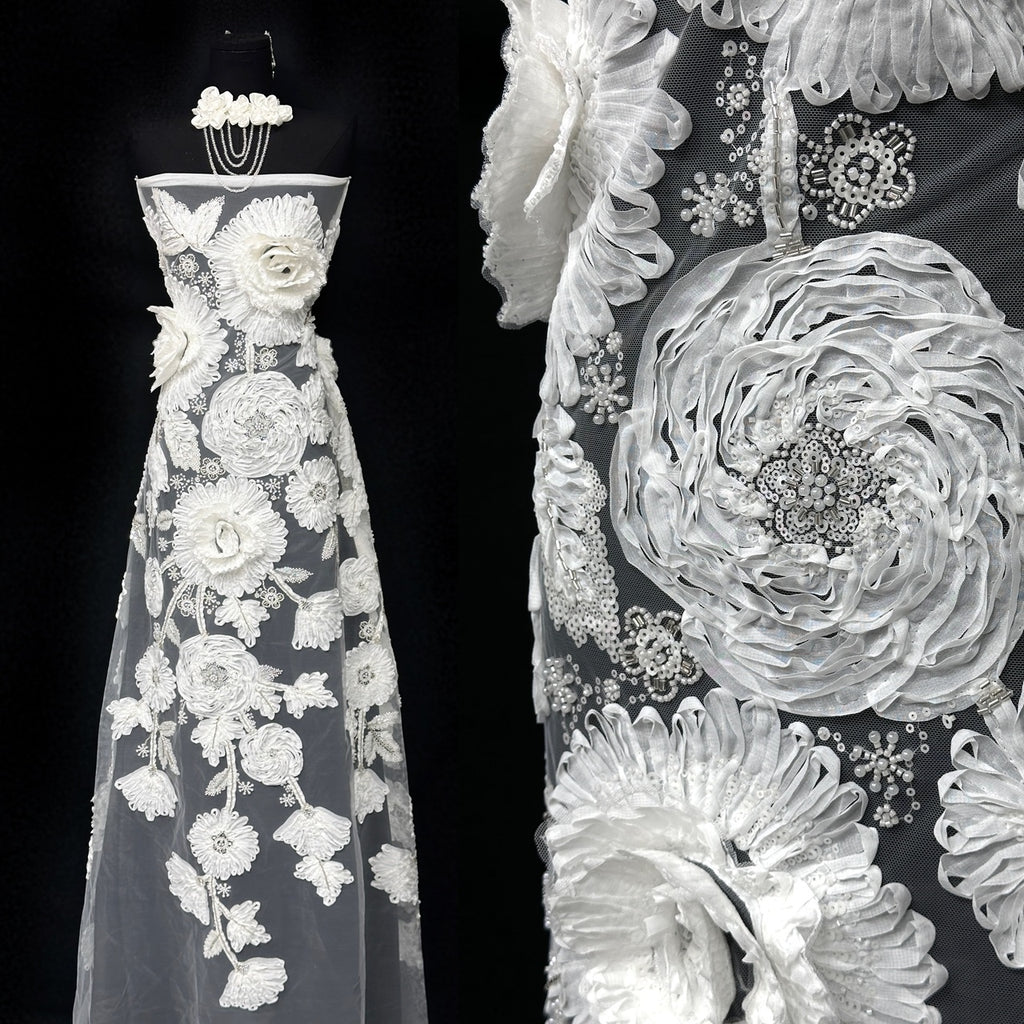 3D Ruffle Flower Sequined Beaded Floral Mesh Lace Fabric For Wedding Bridal Evening Gowns BLS6546#