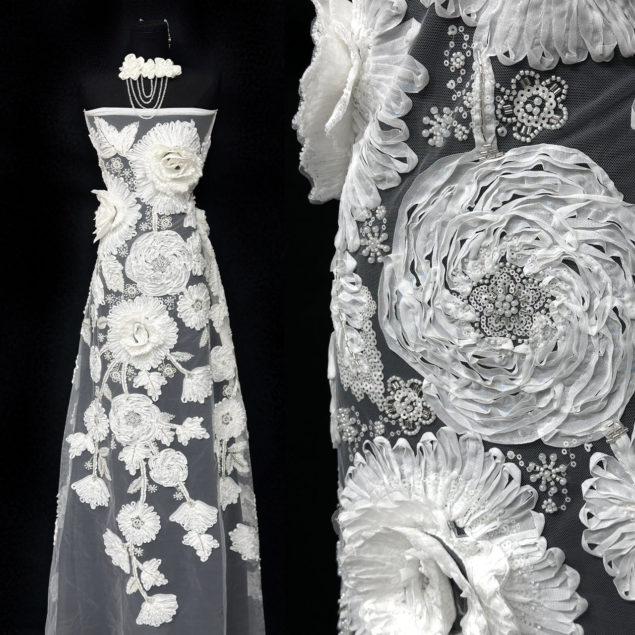 3D Ruffle Flower Sequined Beaded Floral Mesh Lace Fabric For Wedding Bridal Evening Gowns BLS6546#