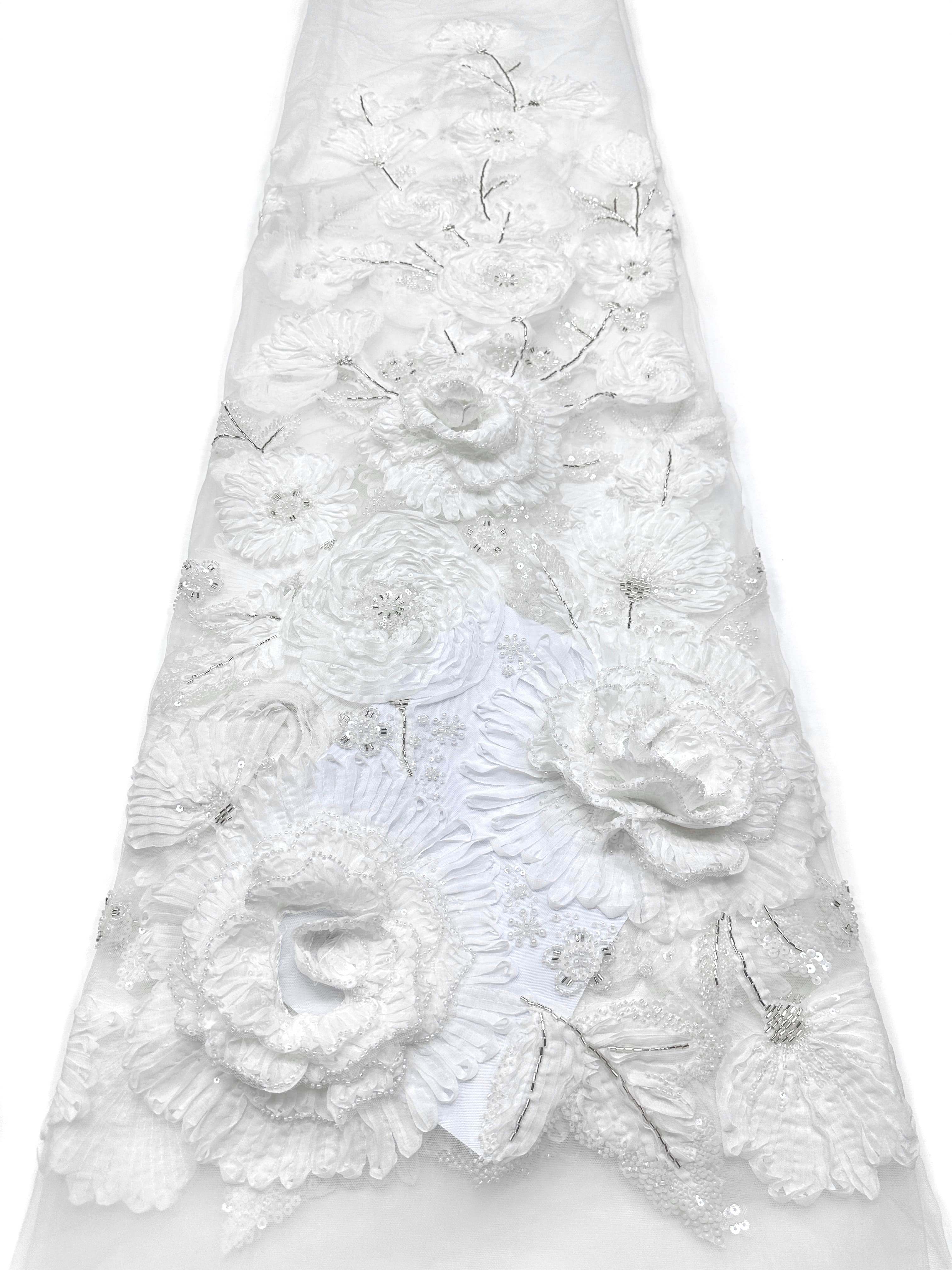 3D Ruffle Flower Sequined Beaded Floral Mesh Lace Fabric For Wedding Bridal Evening Gowns BLS6546#
