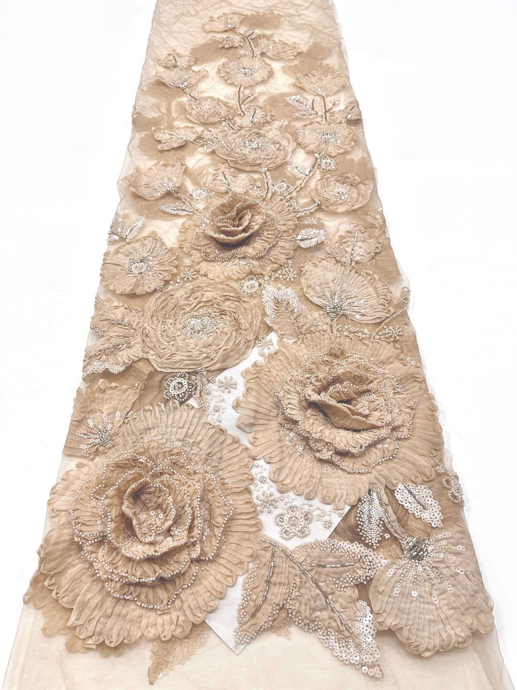3D Ruffle Flower Sequined Beaded Floral Mesh Lace Fabric For Wedding Bridal Evening Gowns BLS6546#