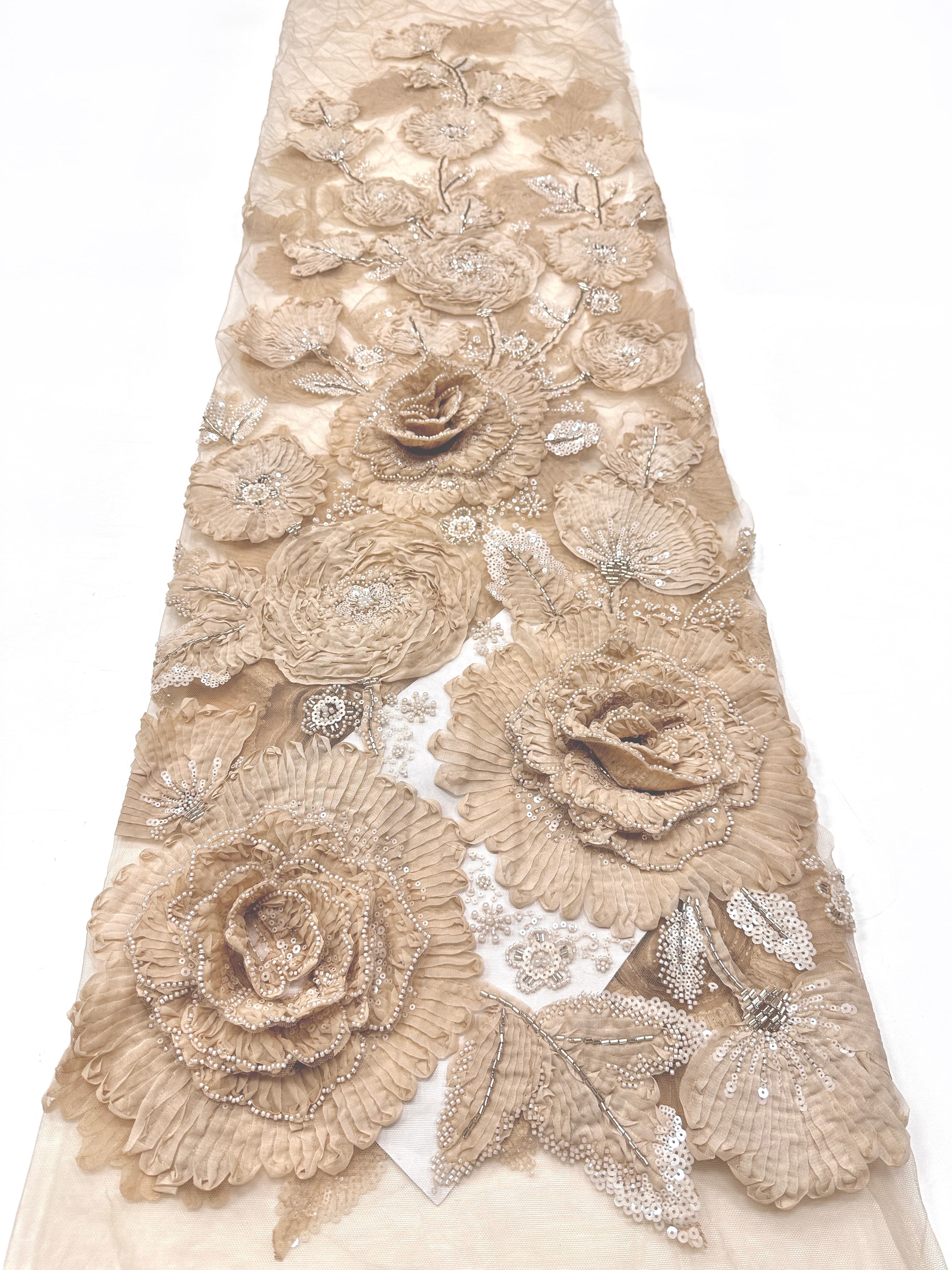 3D Ruffle Flower Sequined Beaded Floral Mesh Lace Fabric For Wedding Bridal Evening Gowns BLS6546#