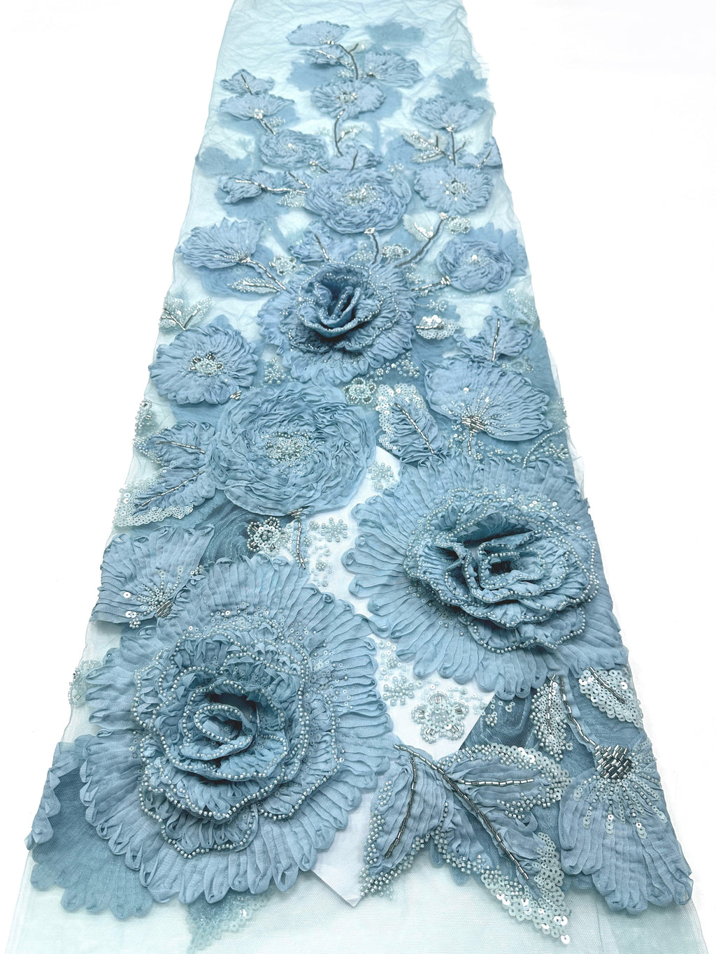3D Ruffle Flower Sequined Beaded Floral Mesh Lace Fabric For Wedding Bridal Evening Gowns BLS6546#