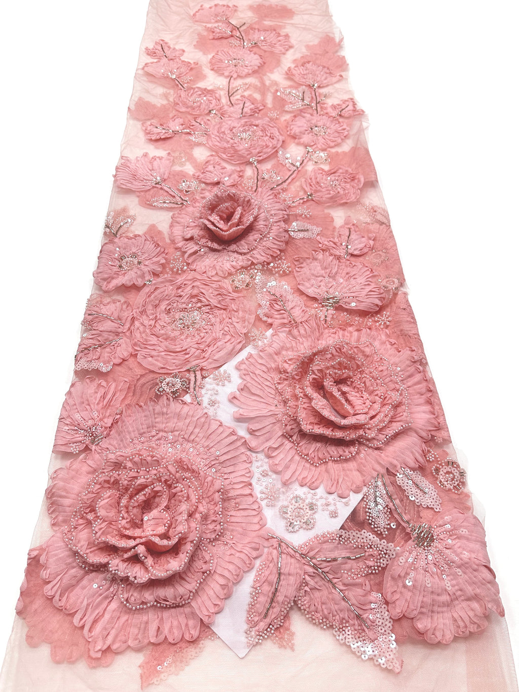 3D Ruffle Flower Sequined Beaded Floral Mesh Lace Fabric For Wedding Bridal Evening Gowns BLS6546#