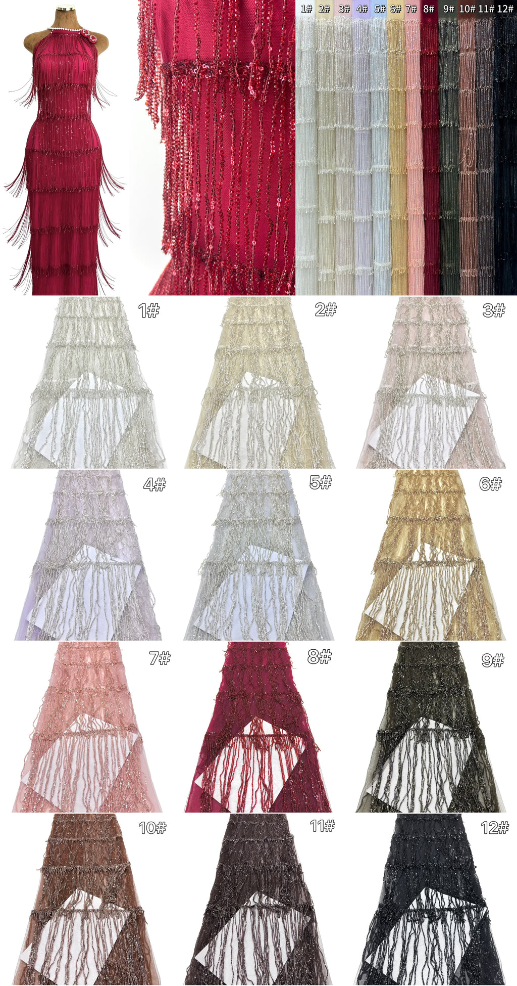 Sequined Beaded Fringe Lace Fabric Layered Stripe Tulle Embroidered Tassel Bead Trim for Evening Dress Stage Costume BLS6547#