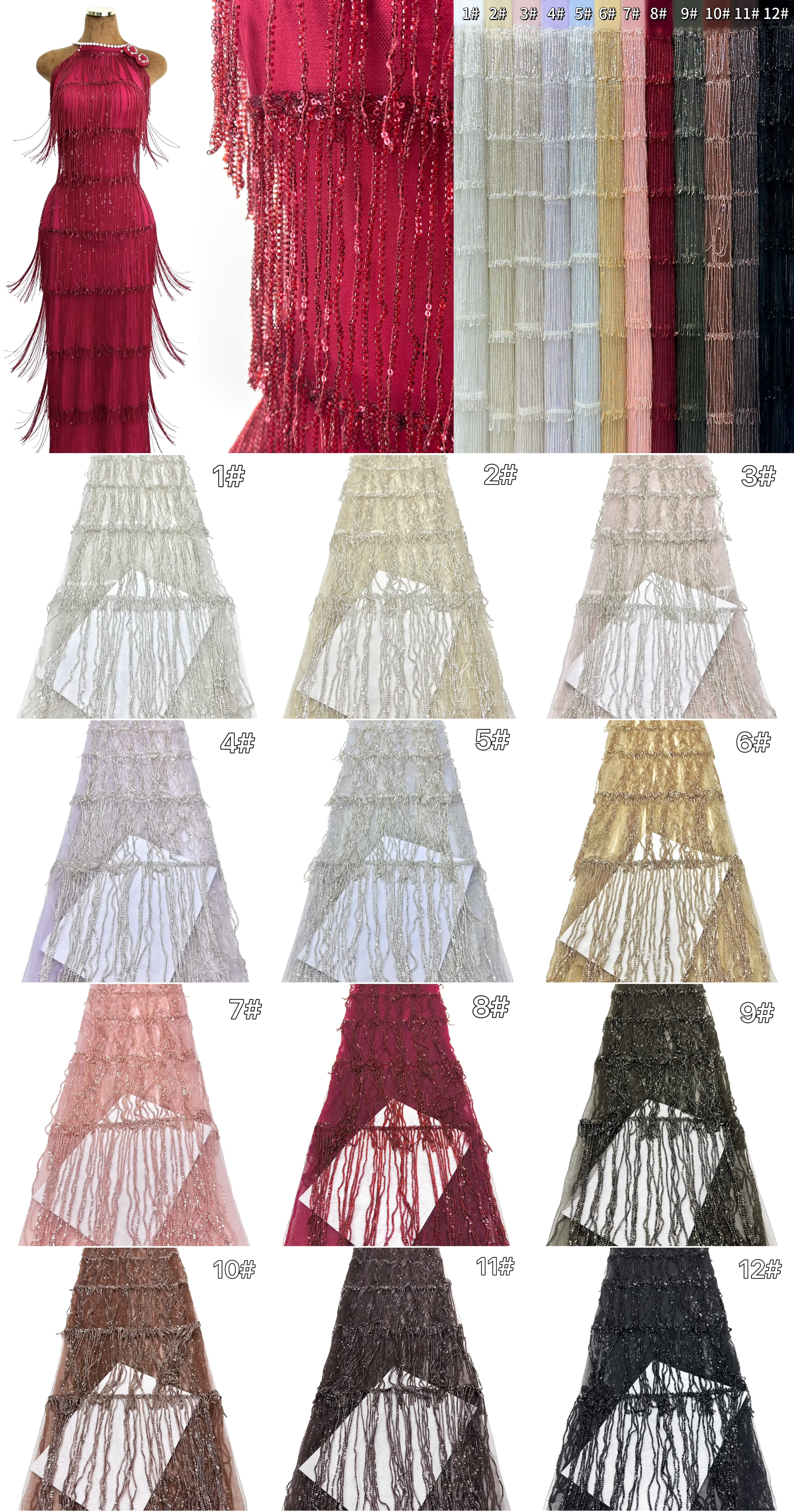 Sequined Beaded Fringe Lace Fabric Layered Stripe Tulle Embroidered Tassel Bead Trim for Evening Dress Stage Costume BLS6547#