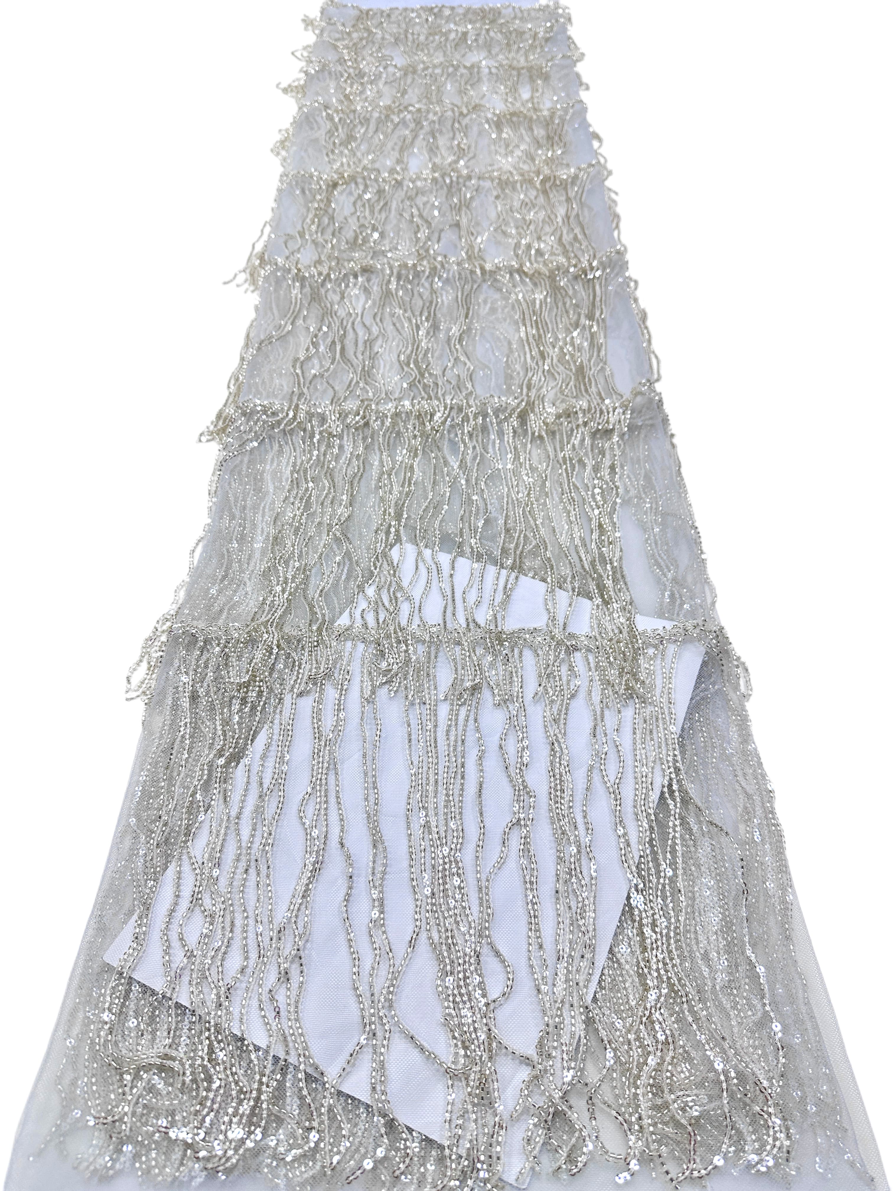 Sequined Beaded Fringe Lace Fabric Layered Stripe Tulle Embroidered Tassel Bead Trim for Evening Dress Stage Costume BLS6547#