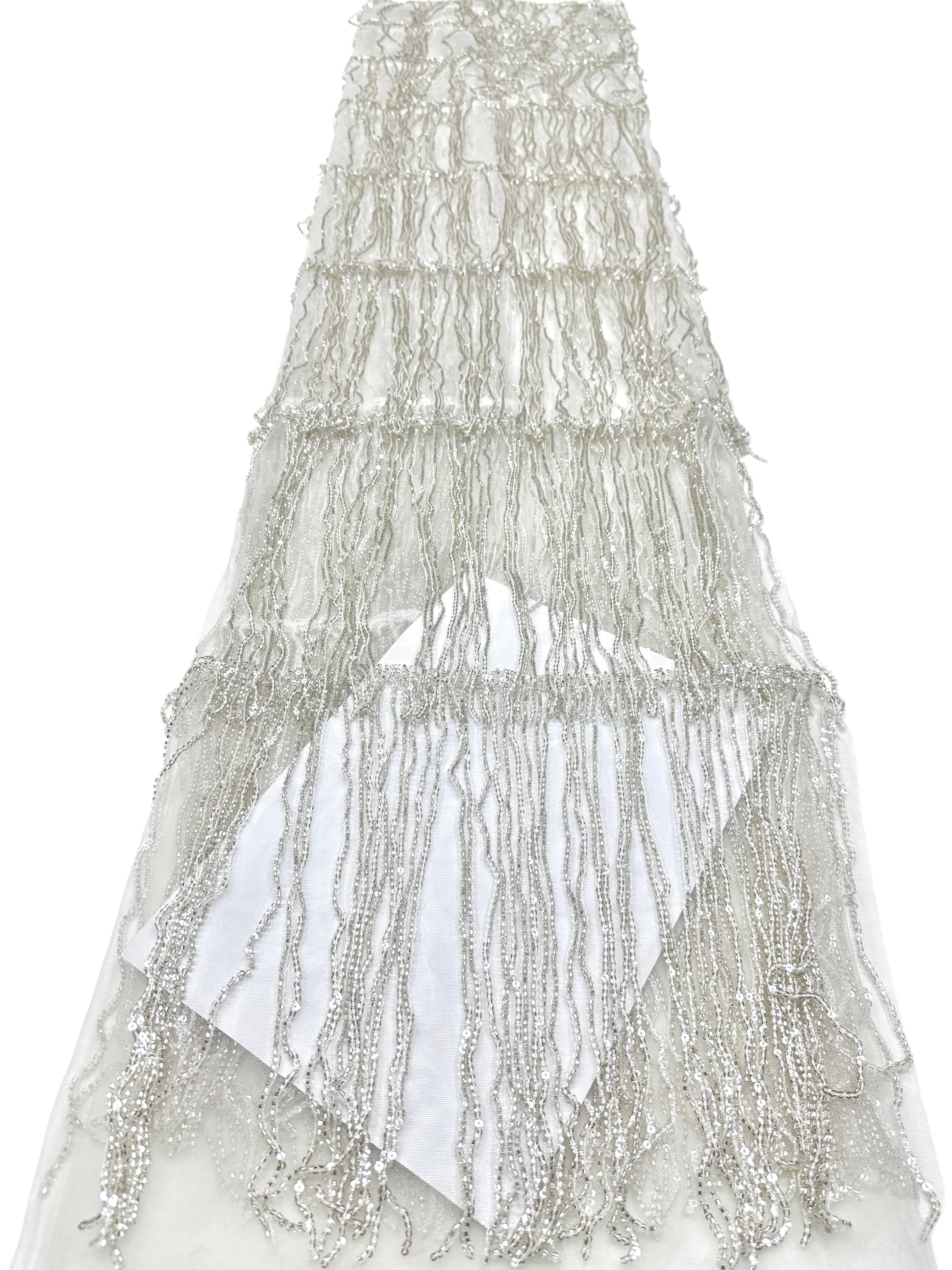 Sequined Beaded Fringe Lace Fabric Layered Stripe Tulle Embroidered Tassel Bead Trim for Evening Dress Stage Costume BLS6547#