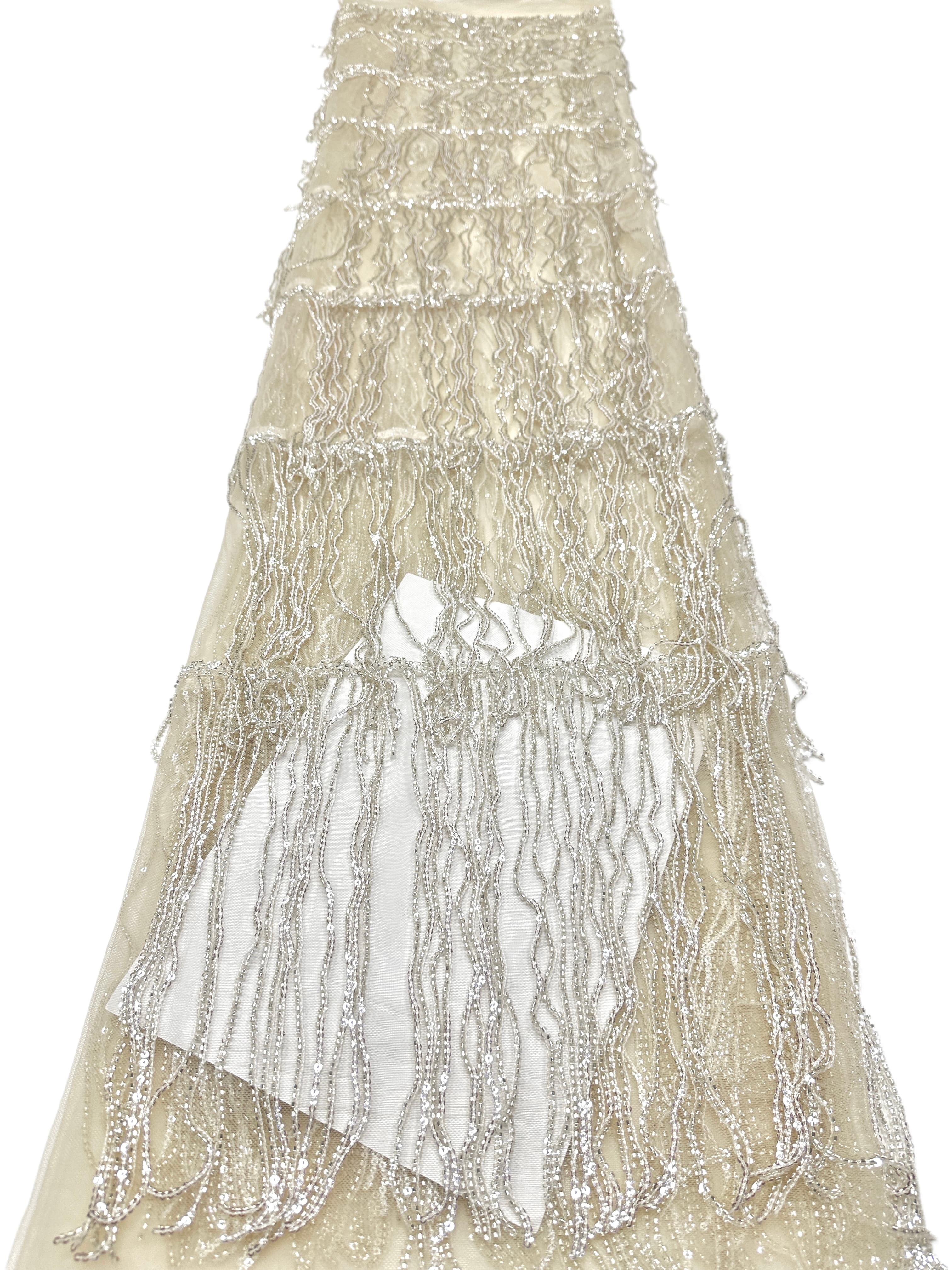 Sequined Beaded Fringe Lace Fabric Layered Stripe Tulle Embroidered Tassel Bead Trim for Evening Dress Stage Costume BLS6547#
