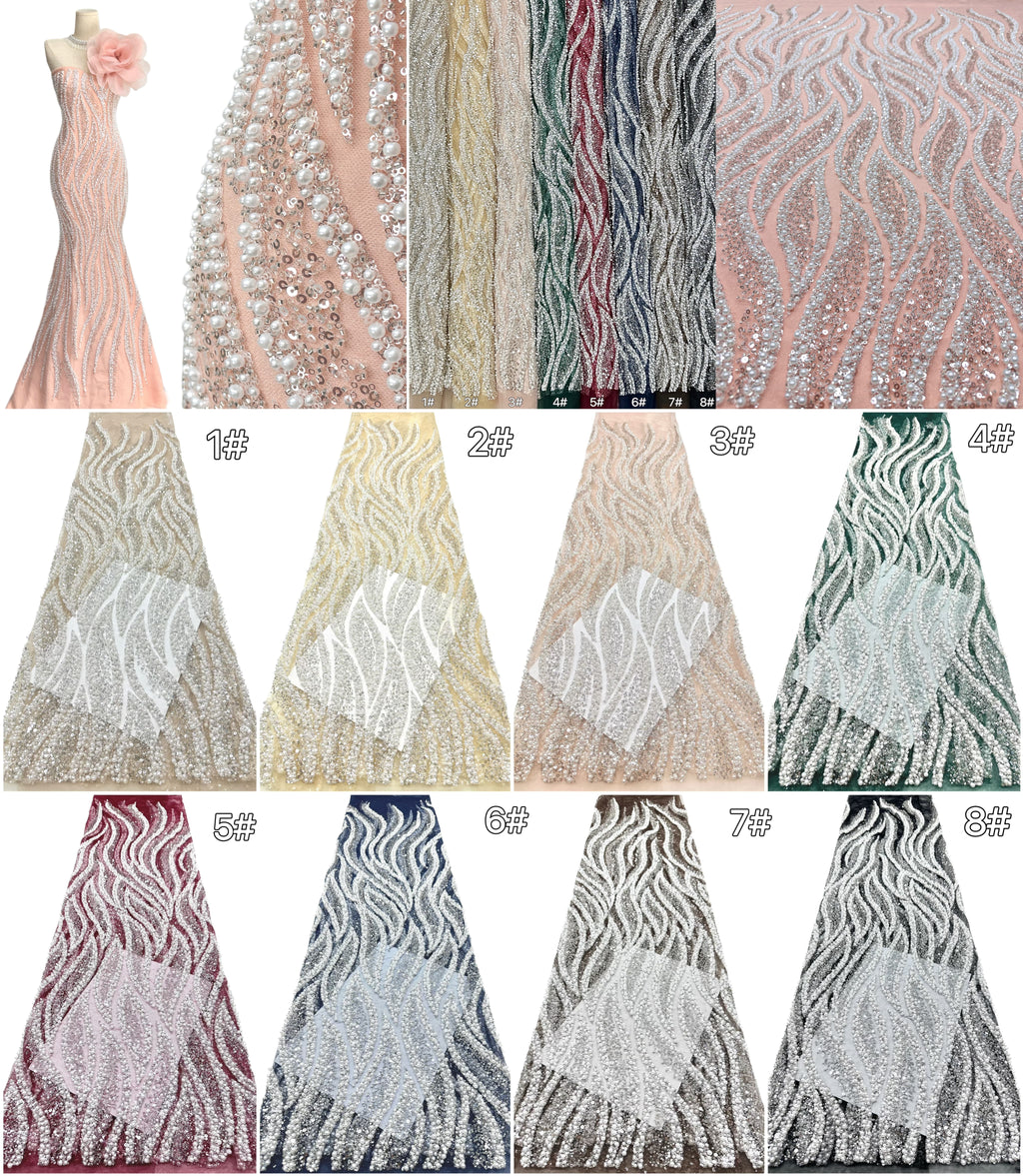 Heavy Beaded Lace Fabric Pearl Sequined Geometric Wave Design Allover Embroidered Lace Fabric for Evening Dresses BLS6549#