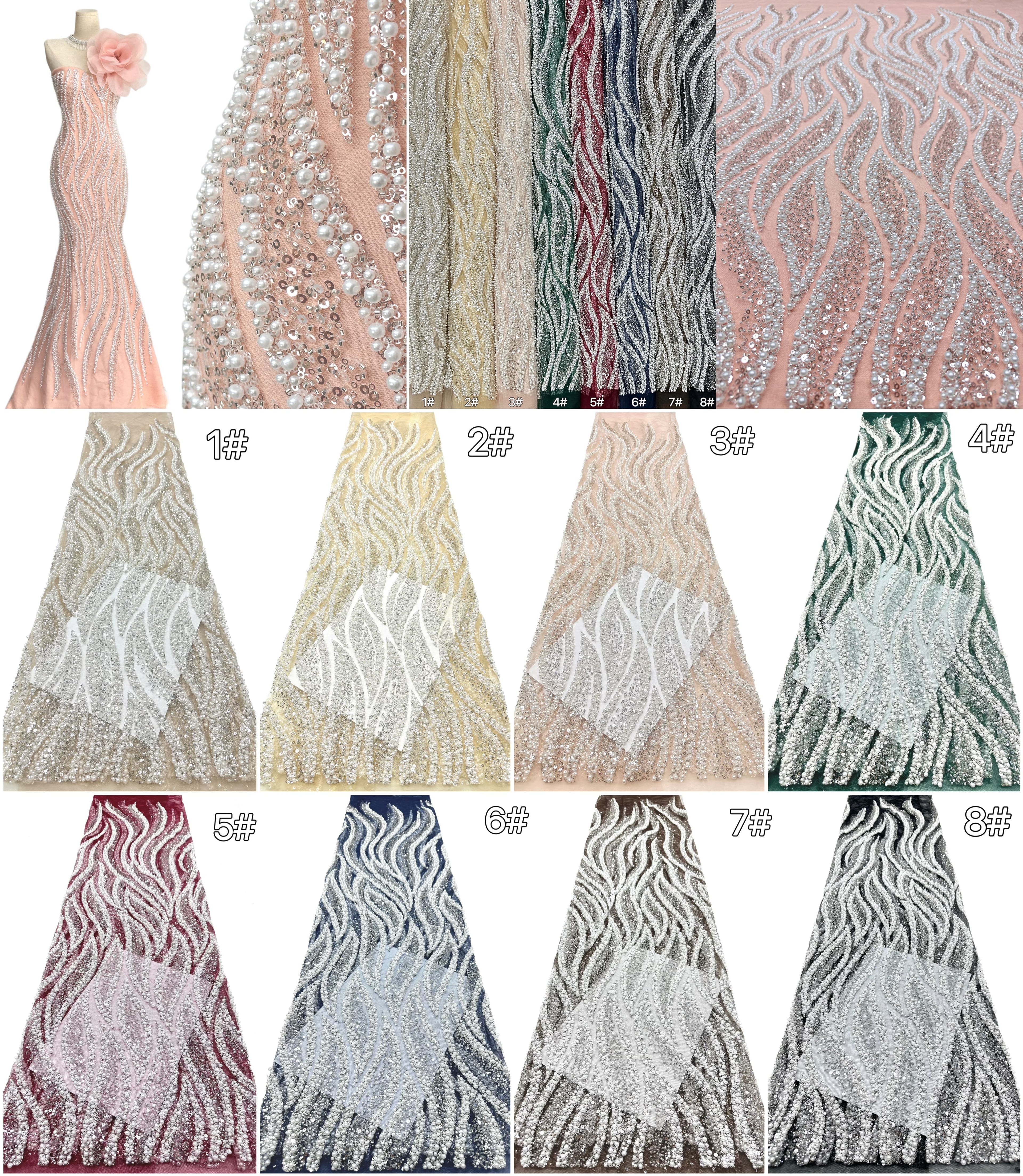 Heavy Beaded Lace Fabric Pearl Sequined Geometric Wave Design Allover Embroidered Lace Fabric for Evening Dresses BLS6549#
