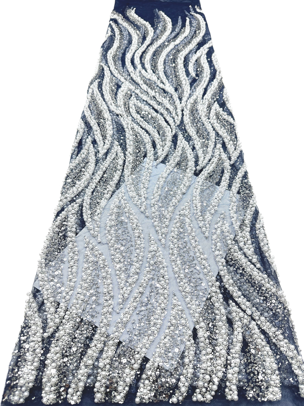 Heavy Beaded Lace Fabric Pearl Sequined Geometric Wave Design Allover Embroidered Lace Fabric for Evening Dresses BLS6549#