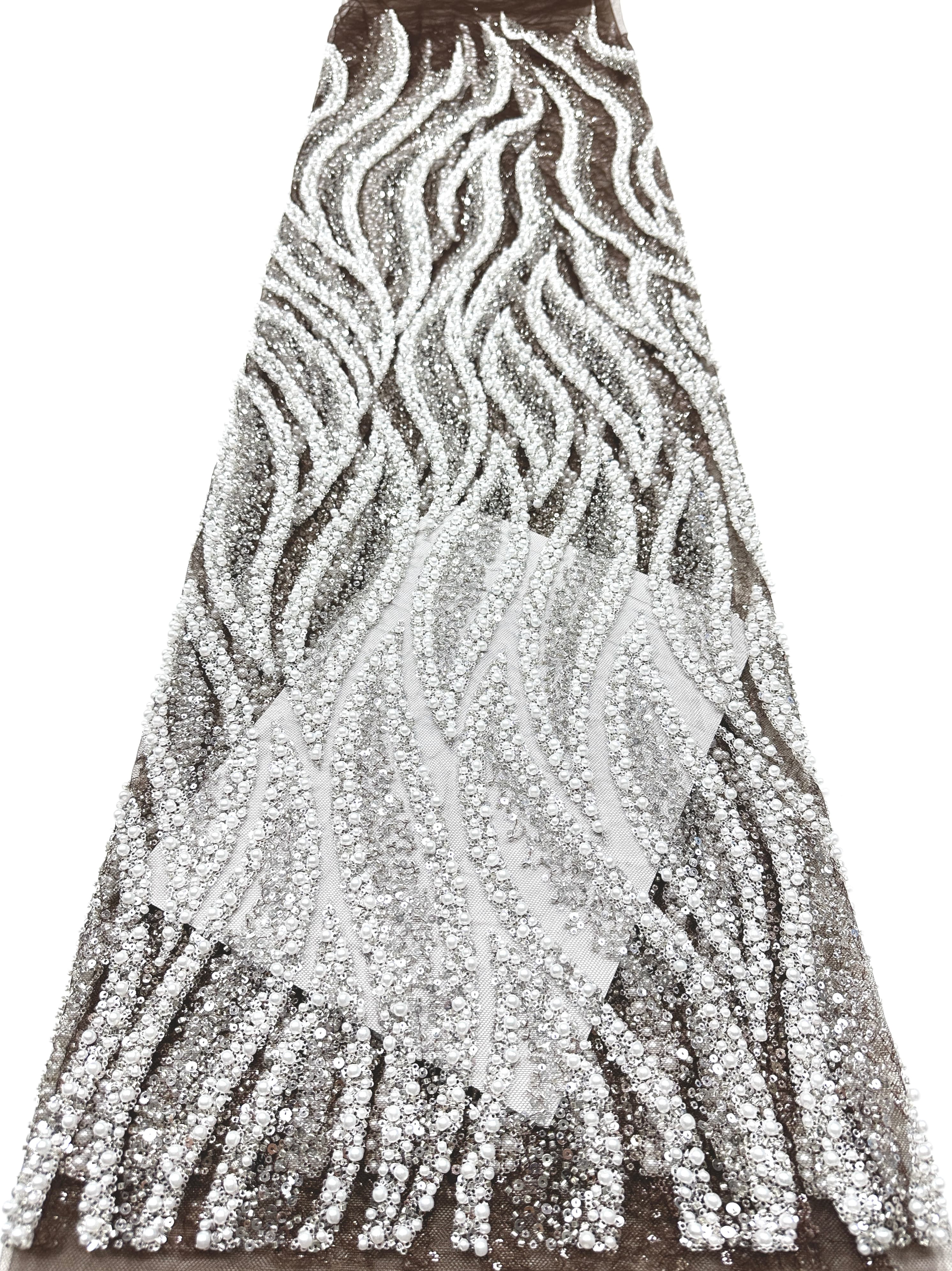 Heavy Beaded Lace Fabric Pearl Sequined Geometric Wave Design Allover Embroidered Lace Fabric for Evening Dresses BLS6549#