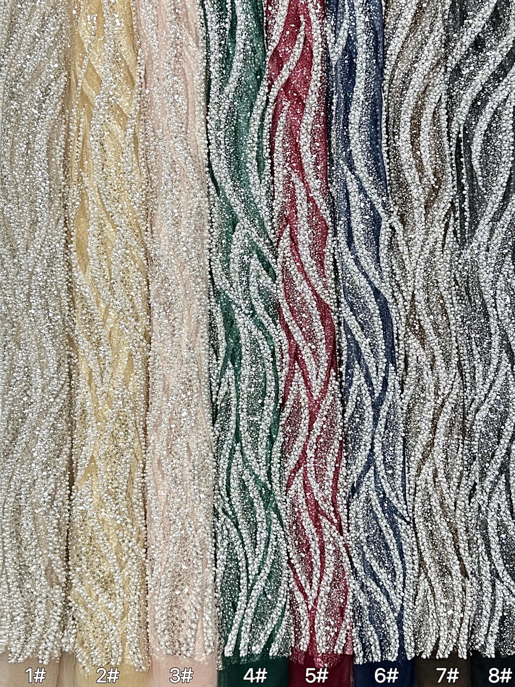 Heavy Beaded Lace Fabric Pearl Sequined Geometric Wave Design Allover Embroidered Lace Fabric for Evening Dresses BLS6549#