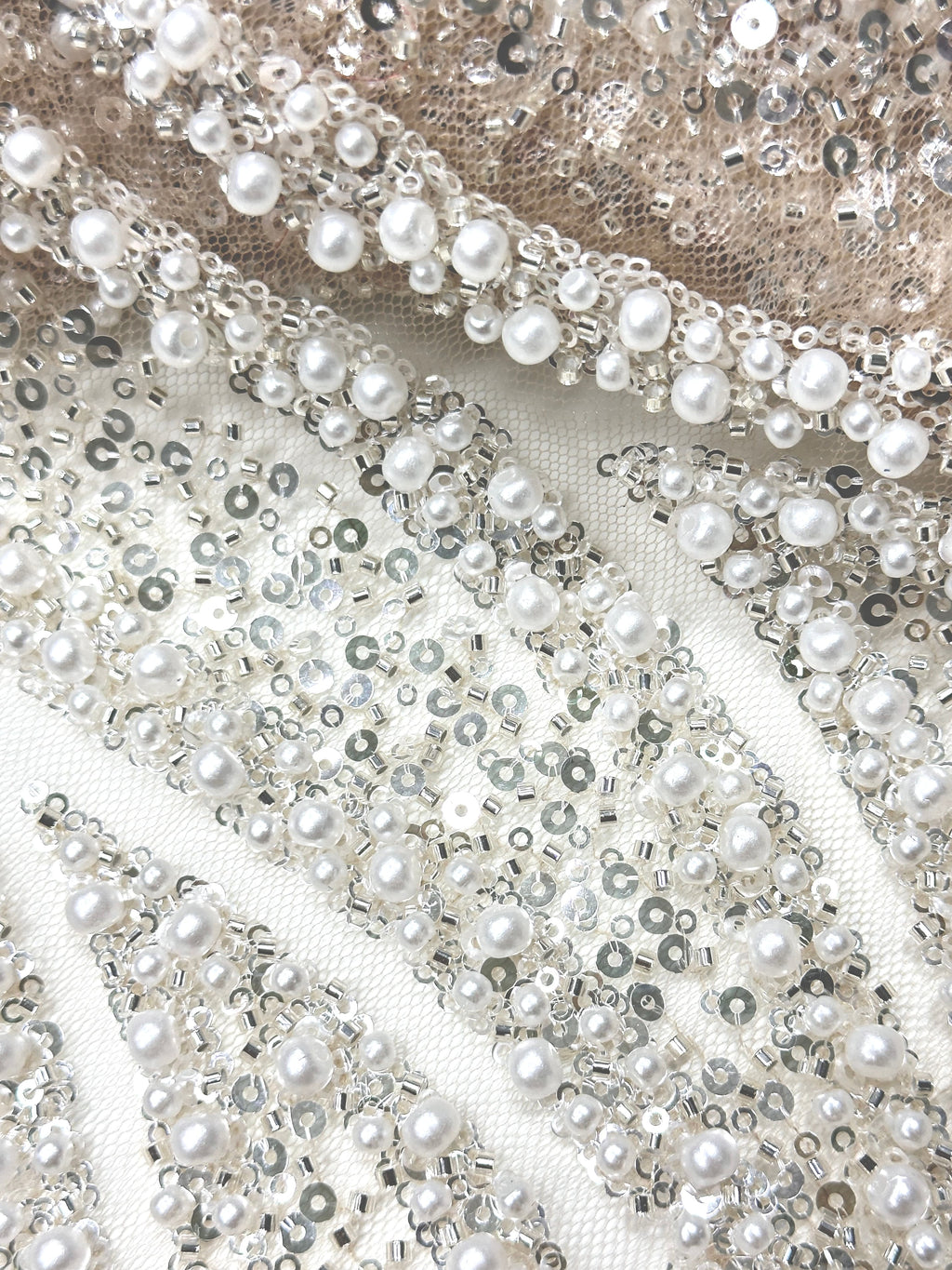 Heavy Beaded Lace Fabric Pearl Sequined Geometric Wave Design Allover Embroidered Lace Fabric for Evening Dresses BLS6549#