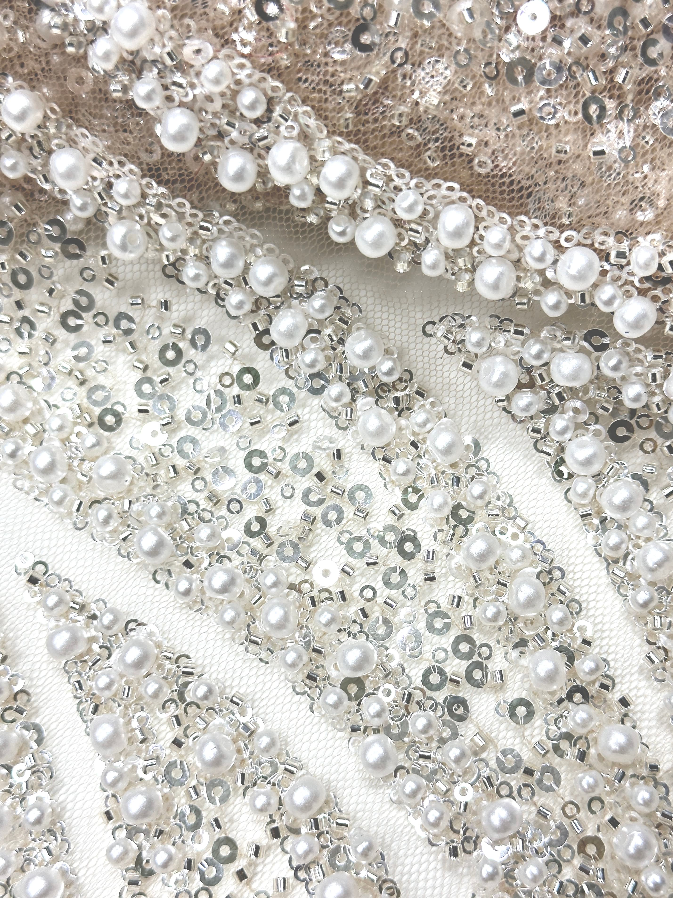 Heavy Beaded Lace Fabric Pearl Sequined Geometric Wave Design Allover Embroidered Lace Fabric for Evening Dresses BLS6549#